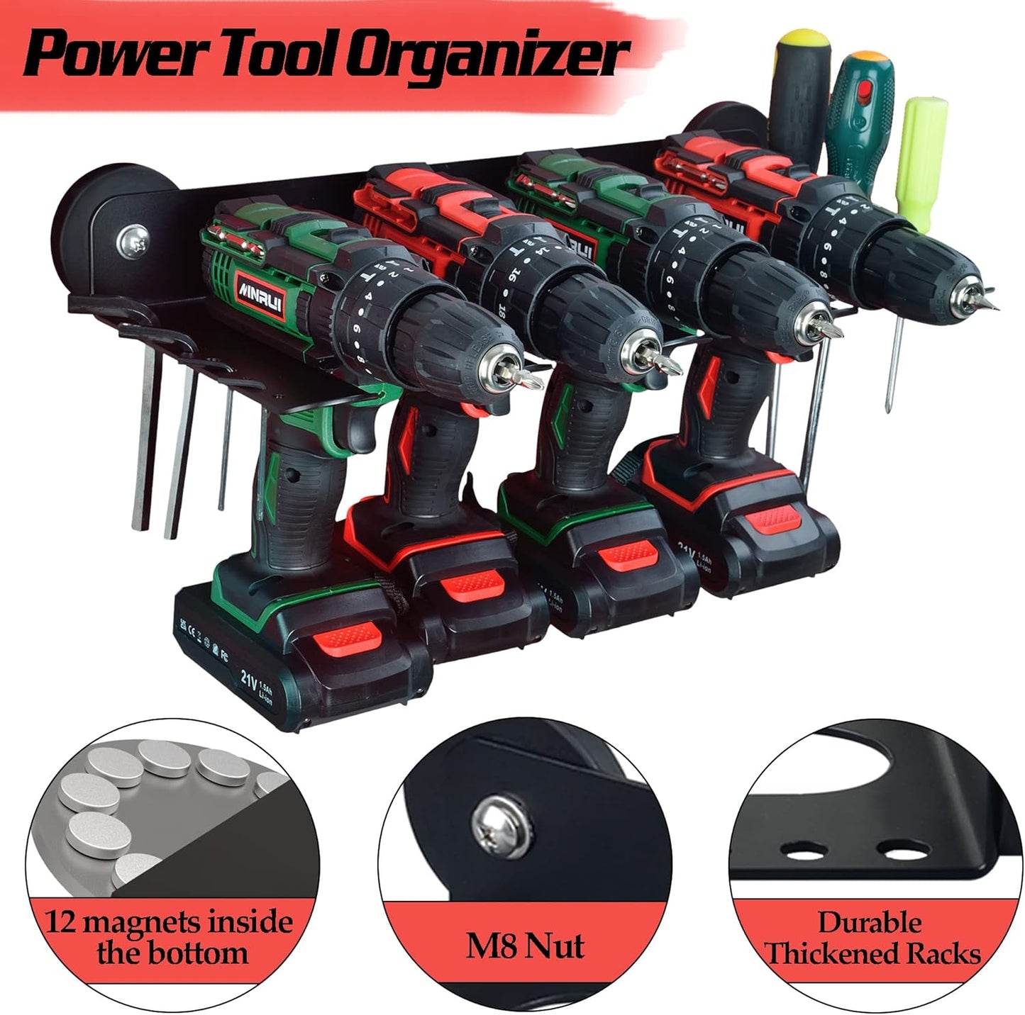 ULIBERMAGNET Power Tool Organizer, Utility Storage Rack Shelf with Screwdriver Holder,Wall Mount Heavy Duty Cordless Drill Holder,Removable Tool Rack Suitable for Garage, Workshop and Warehouse