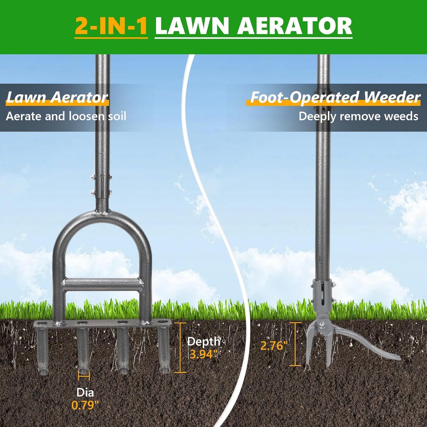 2-in-1 Lawn Aerator Tool, Foot-Operated Weed Puller & Core Aerator 4 Hollow Tines with Adjustable Height, Heavy-Duty Anti-Rust Carbon Steel for Compacted Soil Aeration, Garden Lawn Care