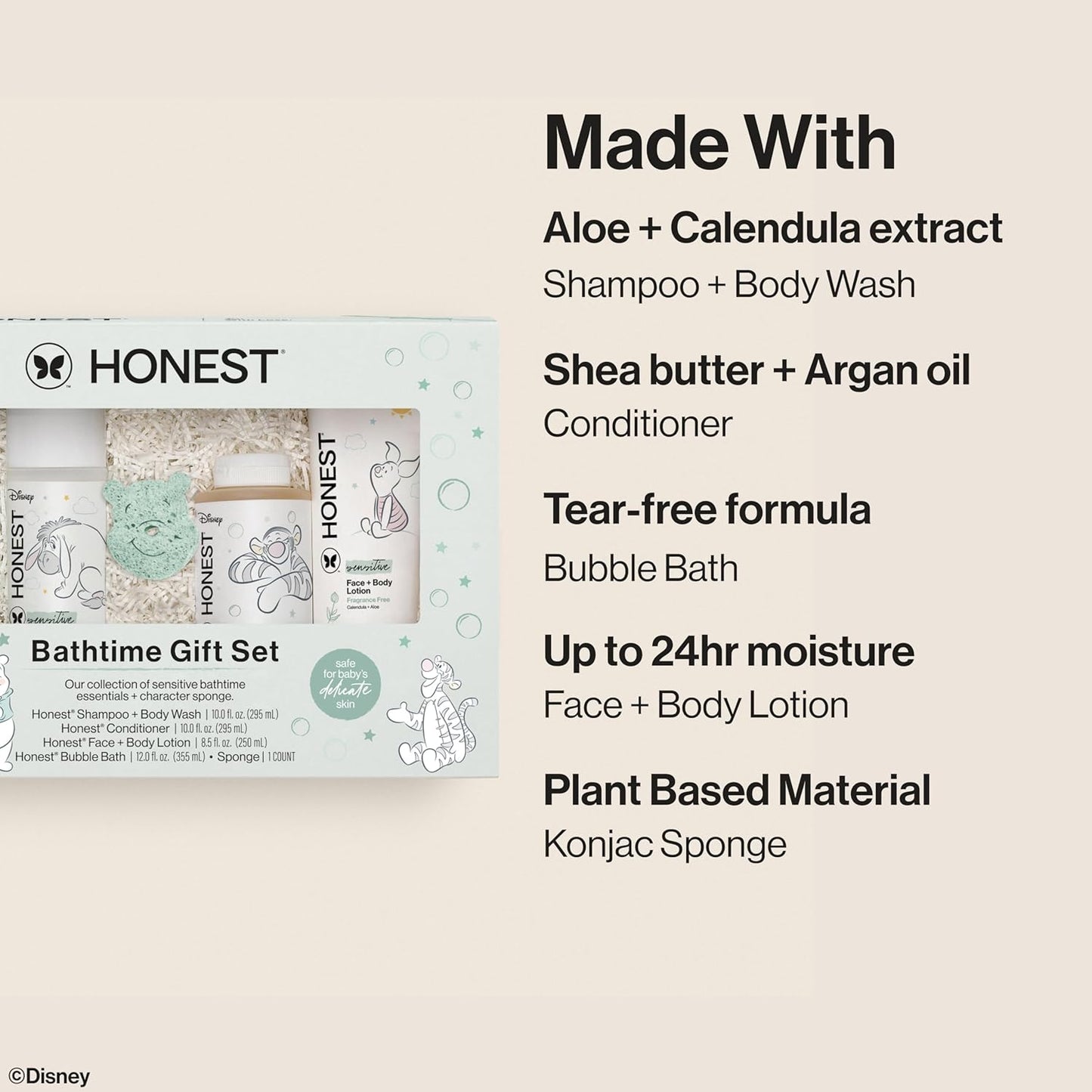 The Honest Company Fragrance-Free Bathtime Gift Set, Disney Design, Hypoallergenic, Bath Essentials for Sensitive Skin, Shampoo and Body Wash, Face Lotion, Bubble Bath, Conditioner, Sponge