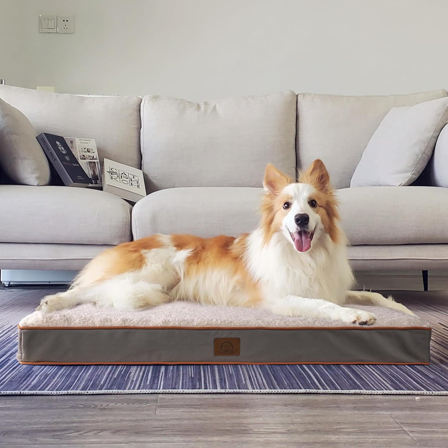 Orthopedic Dog Bed for Large Dogs - Big Waterproof Dog Crate Bed with Removable Washable Cover, Egg Crate Foam Support, Anti-Slip Bottom, Deluxe Plush Pet Bed Mat (Light Grey)
