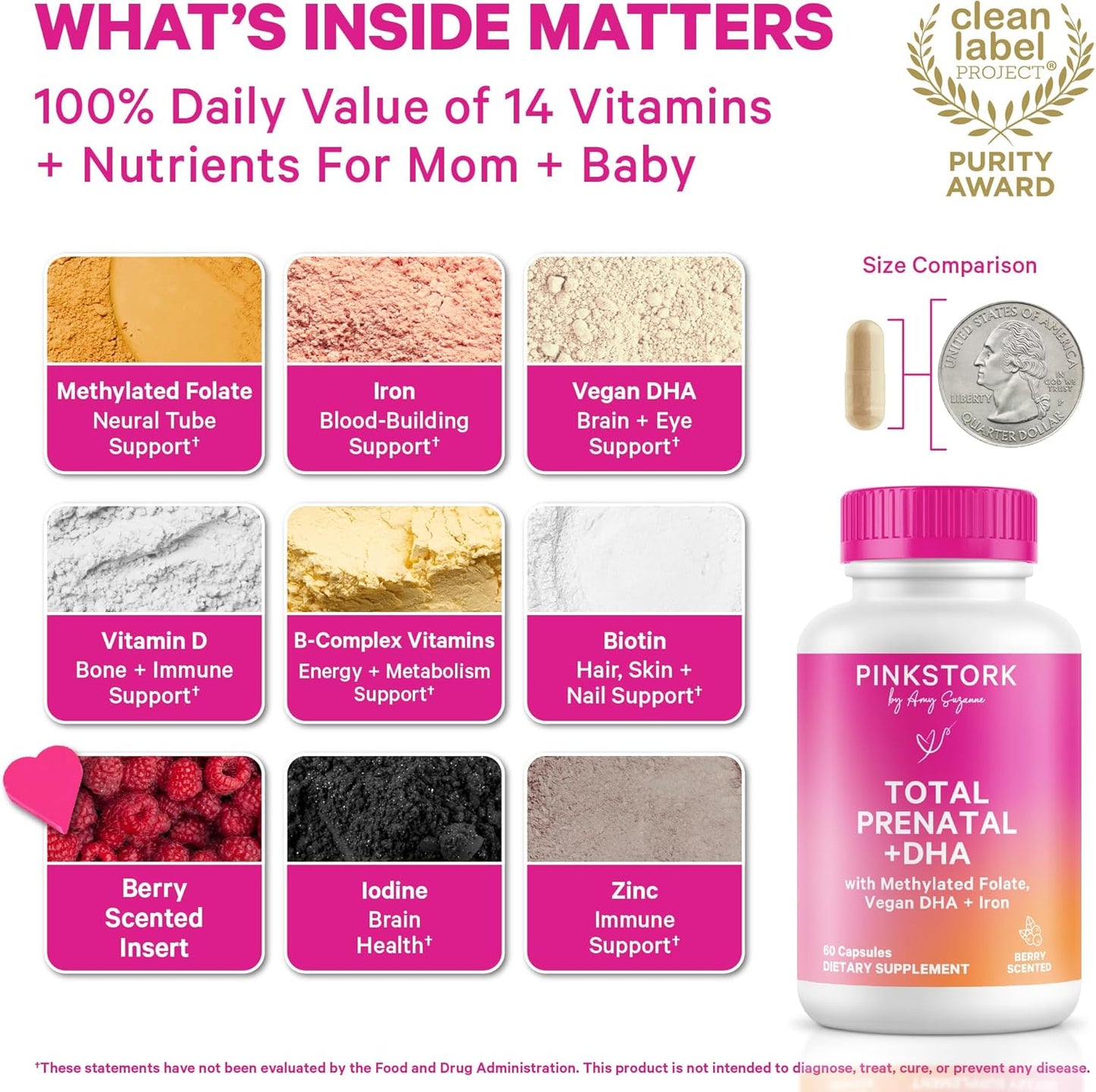 Pink Stork Total Prenatal Vitamins with DHA, Folate, Iron, Choline, and Vitamin B12 - Prenatals for Women to Support Fetal Development, Pregnancy Essentials, Berry Essence, 60 Capsules, 1 Month Supply