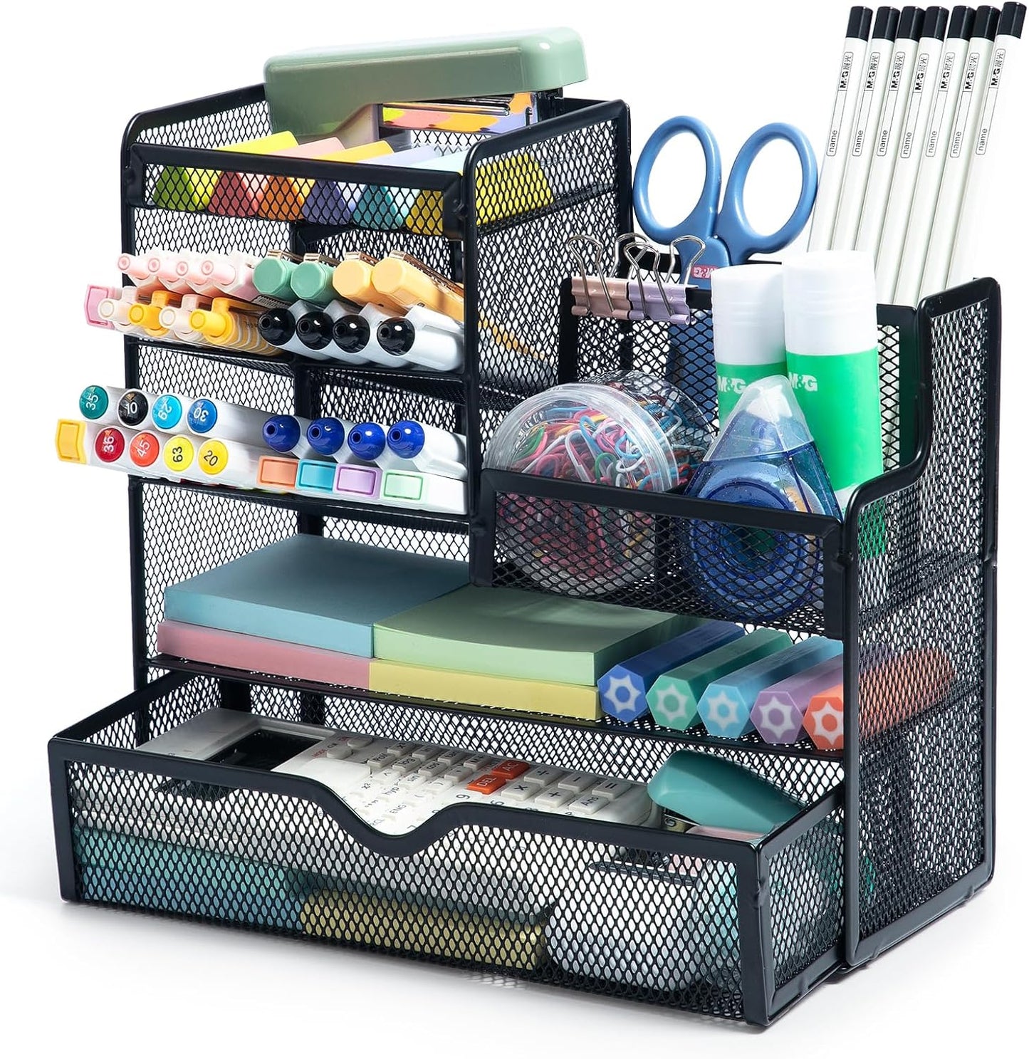M&G Mesh Pen Holder for Desk, Multi-Functional Pencil Holder with Drawer Desk Organizer, Large Capacity Office Desk organizers and Accessories (Black)
