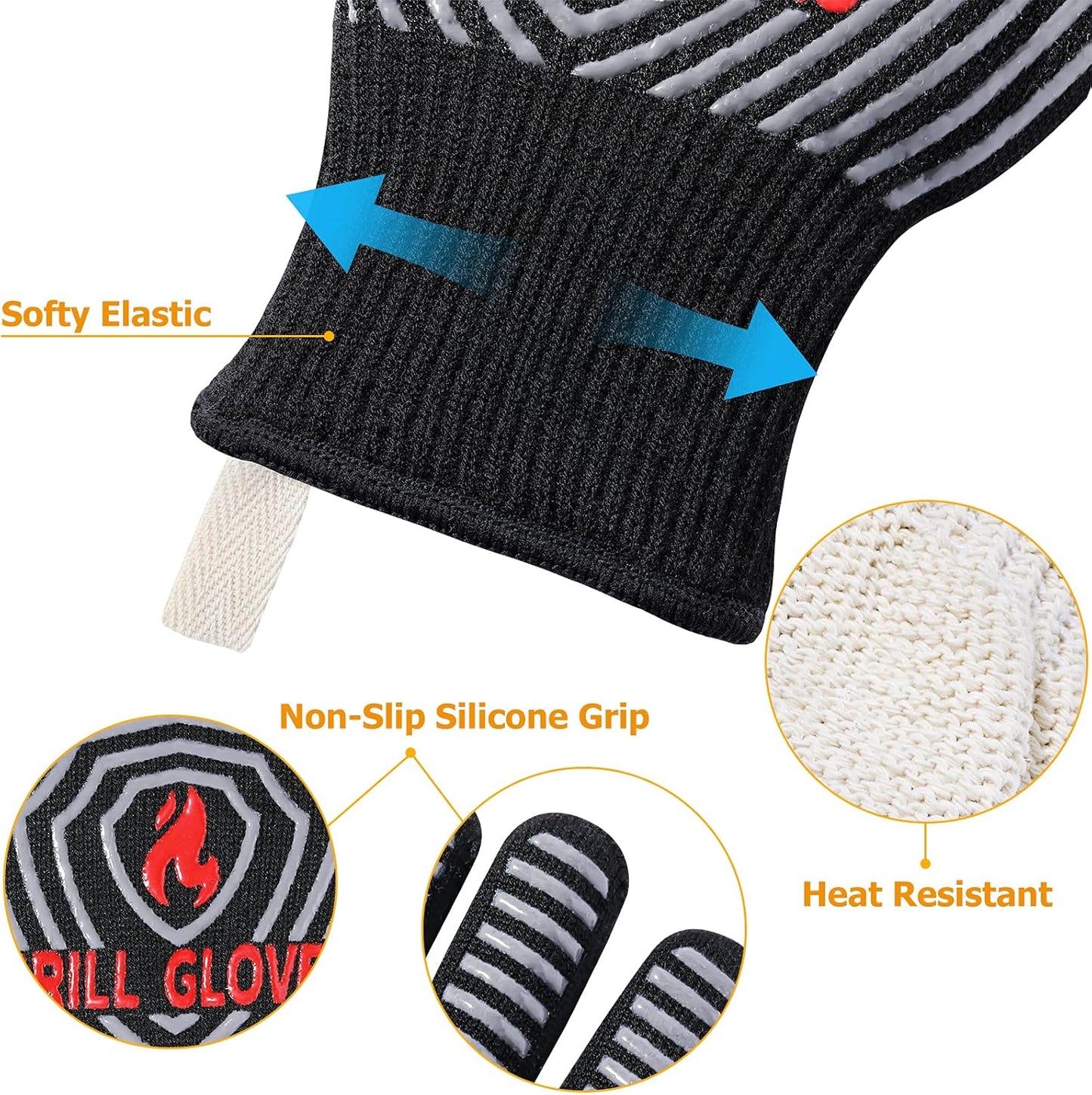QUWIN BBQ Gloves, Oven Gloves, 1472℉ Extreme Heat Resistant,Grilling Gloves Silicone Non-Slip Oven Mitts, Kitchen Gloves for BBQ, Grilling, Cooking, Baking-1 Pair… (Black, One Size Fits Most)