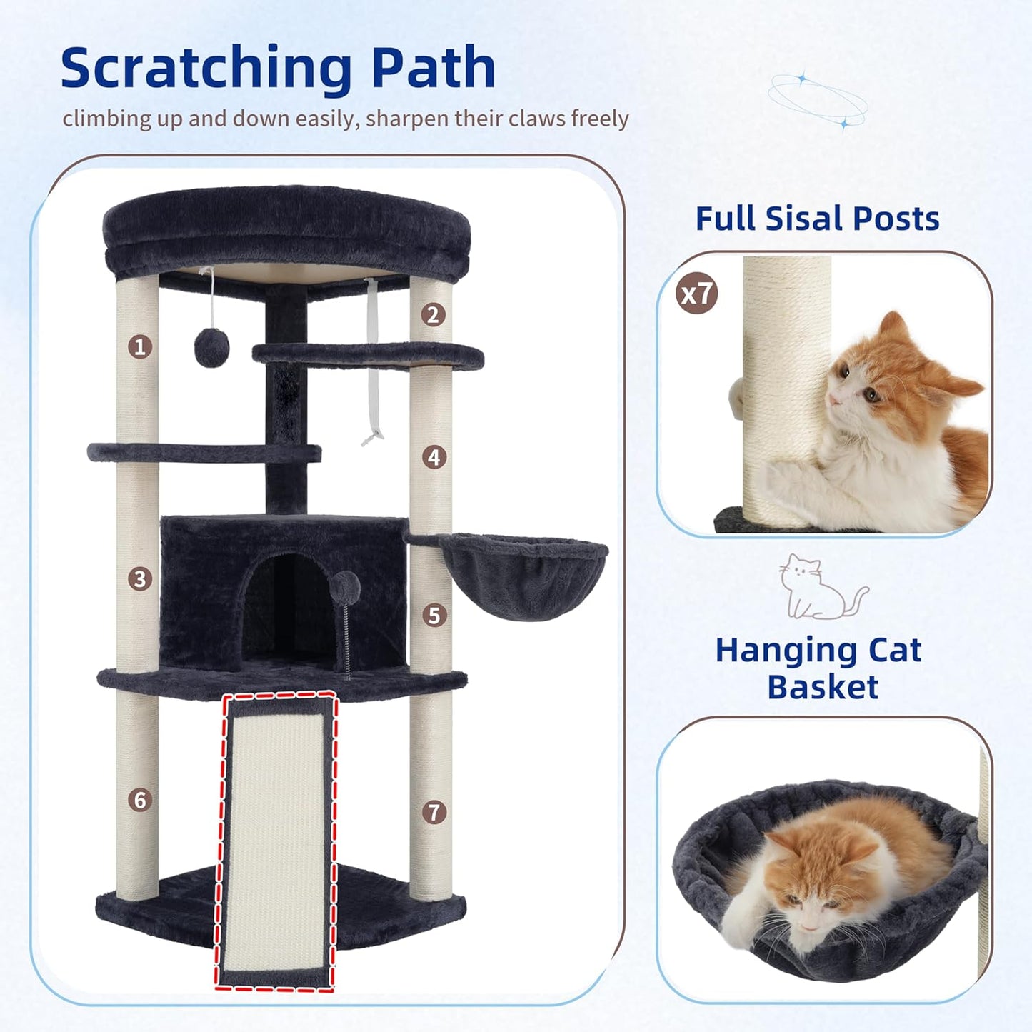 Corner Cat Tree for Indoor Cats, Cat Tower with All Sisal Scratching Posts, Multi-Level Cat Condo wth Cat Cave, Large Top Perch, Hanging Basket, Sisal Scratching Ramp, Drak Gray GCT025G