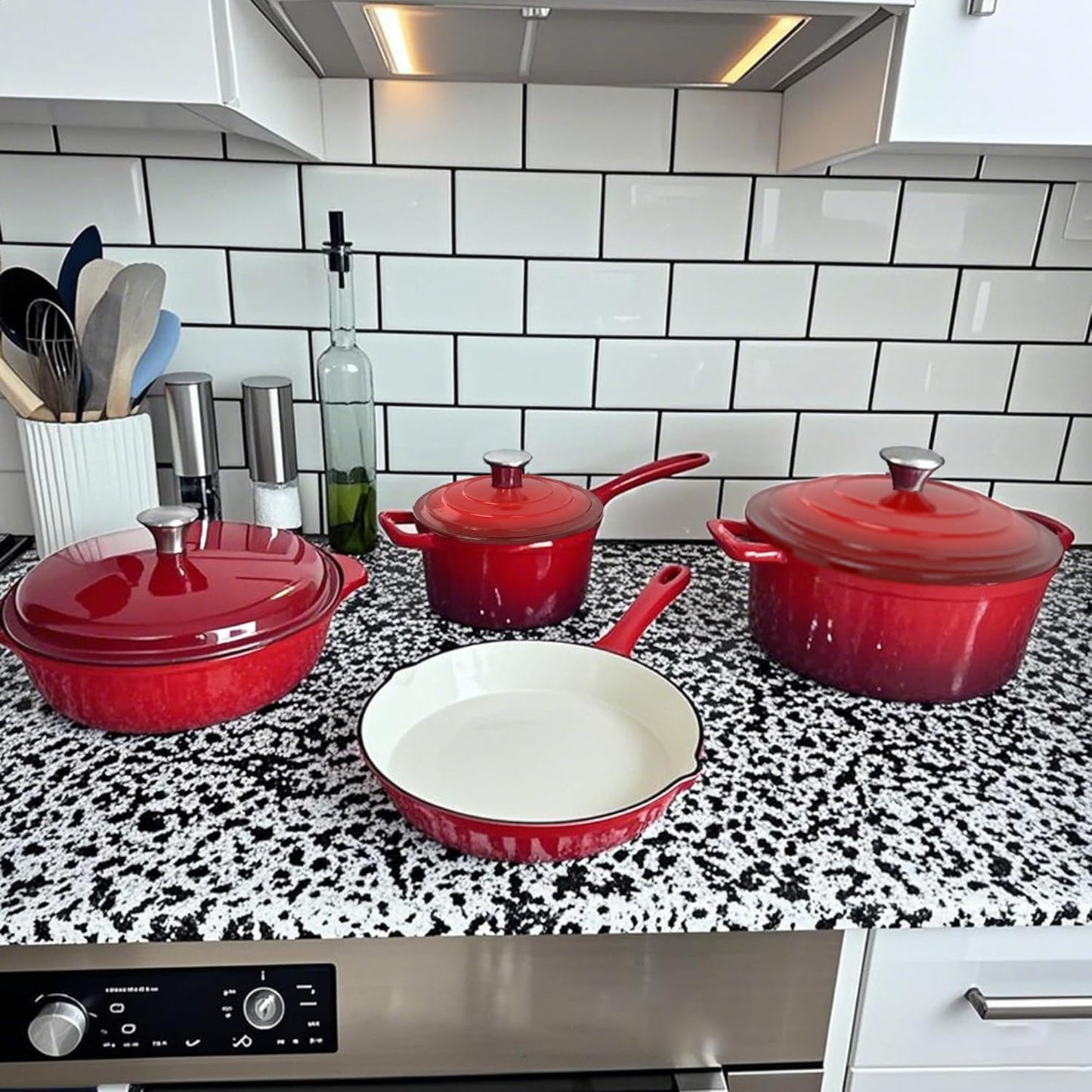 MAISON ARTS 7 Piece Enameled Cast Iron Cookware Set, Heavy Duty Induction Dutch Ovens Pot with Lid, Red Non Toxic Pots and Pans Sets, PFOA-PFOS Free