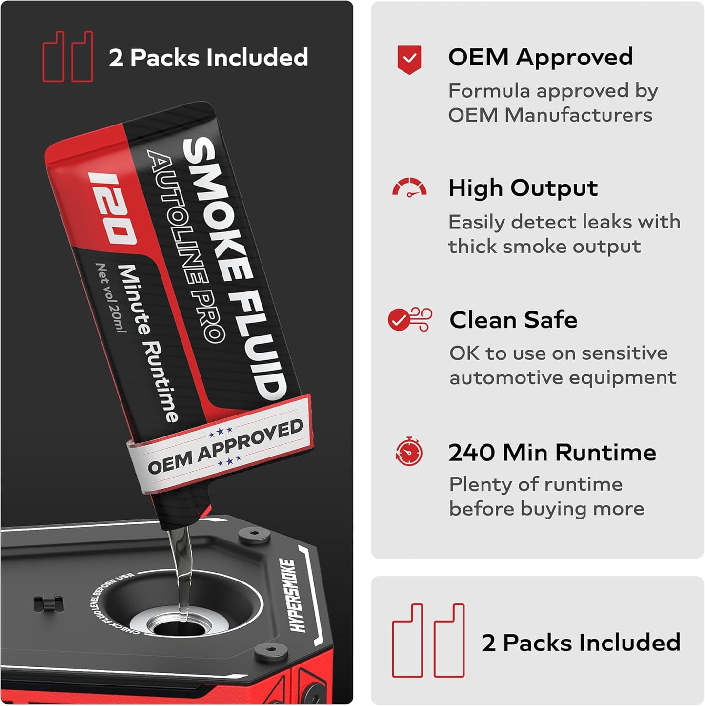 AutoLine Pro HyperSmoke™ Automotive Smoke Machine EVAP Vacuum Leak Tester – Adjustable Pressure – OEM Approved Smoke Fluid – Built-in Air Compressor Motor - Includes Smoke Fluid x2.