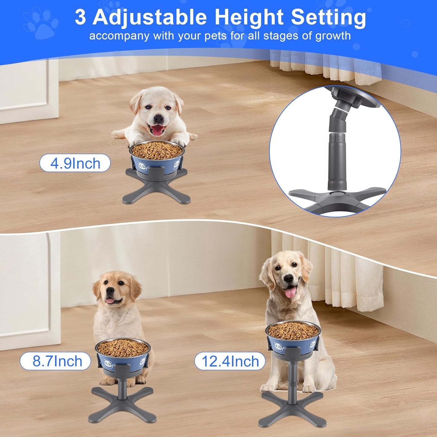 Dog Bowls,Elevated Adjustable Dog Bowl Stand with 3 Heights & Tilted Feeding Design, Raised Stand Compatible with Medium & Large Breeds(with Bowl) Grey