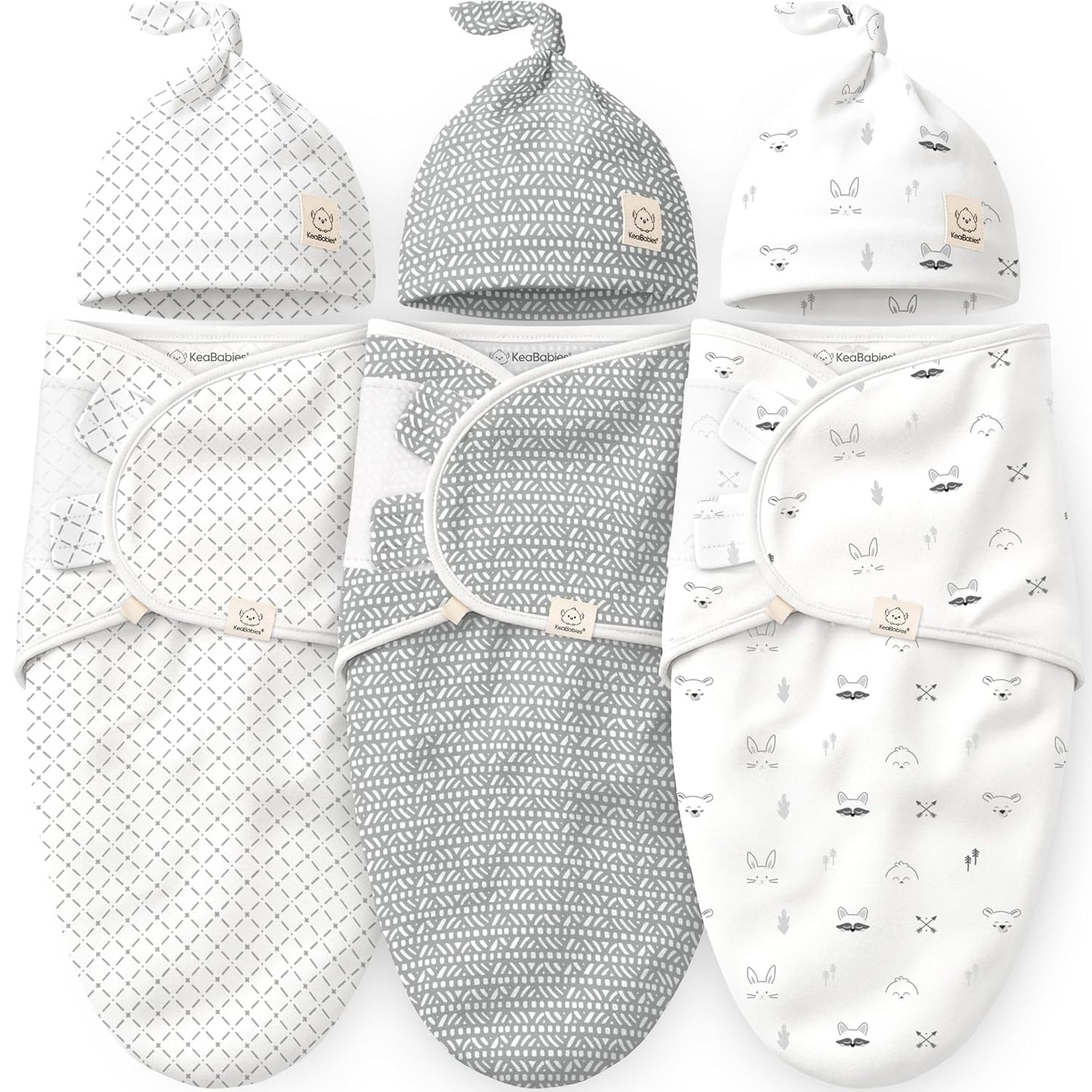 KeaBabies 3-Pack Swaddles for Newborns, Girls, Boys with Hats - Organic Soft Baby Sleep Sacks, Breathable Baby Swaddle 3-6 Months Beanies Set, Premie Infant Sleep Sack 0-3 Months (Nordic)