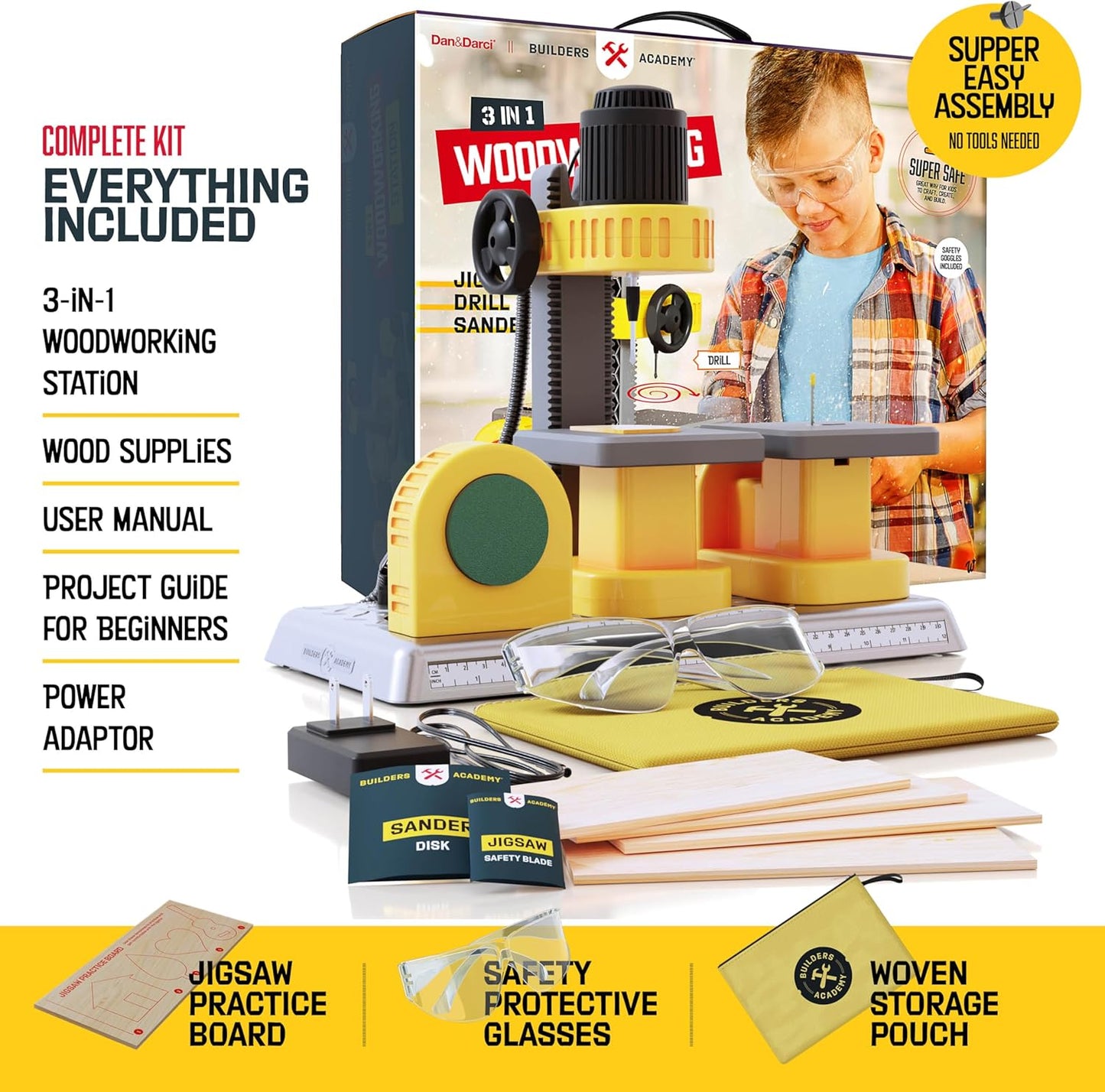 Dan&Darci 3-in-1 Woodworking Station for Kids - Wood Building Projects Kit for Boys - Real Construction Tools Sets - Boy Tool Set - Gifts Age 8 Year Old - Cool STEM Toys Kits Birthday Gift Ideas
