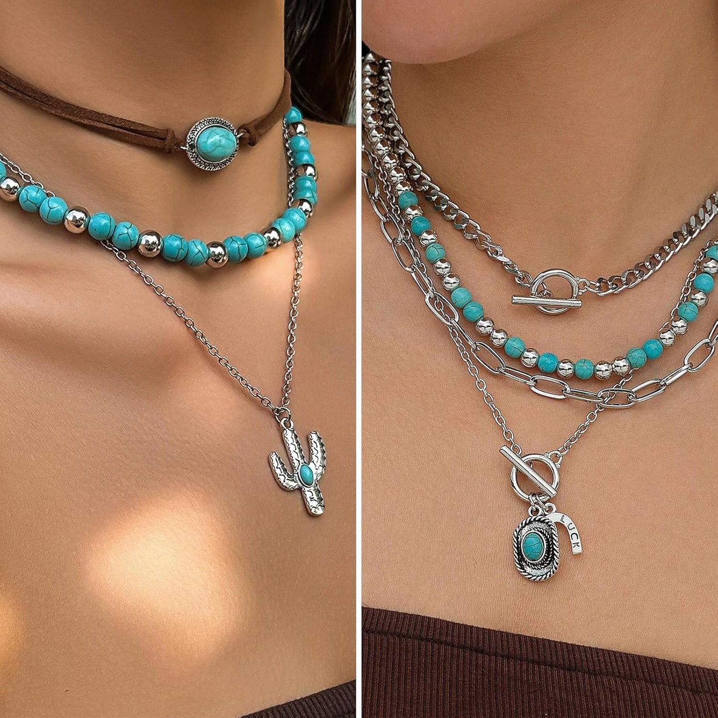 IFKM Bohemian Jewelry Set With Turquoise Necklace, Dangle Earrings, Stackable Bangle Bracelets, Knuckle Rings For Women Vintage Western Boho Turquoise Anniversary Birthday Friendship Gift
