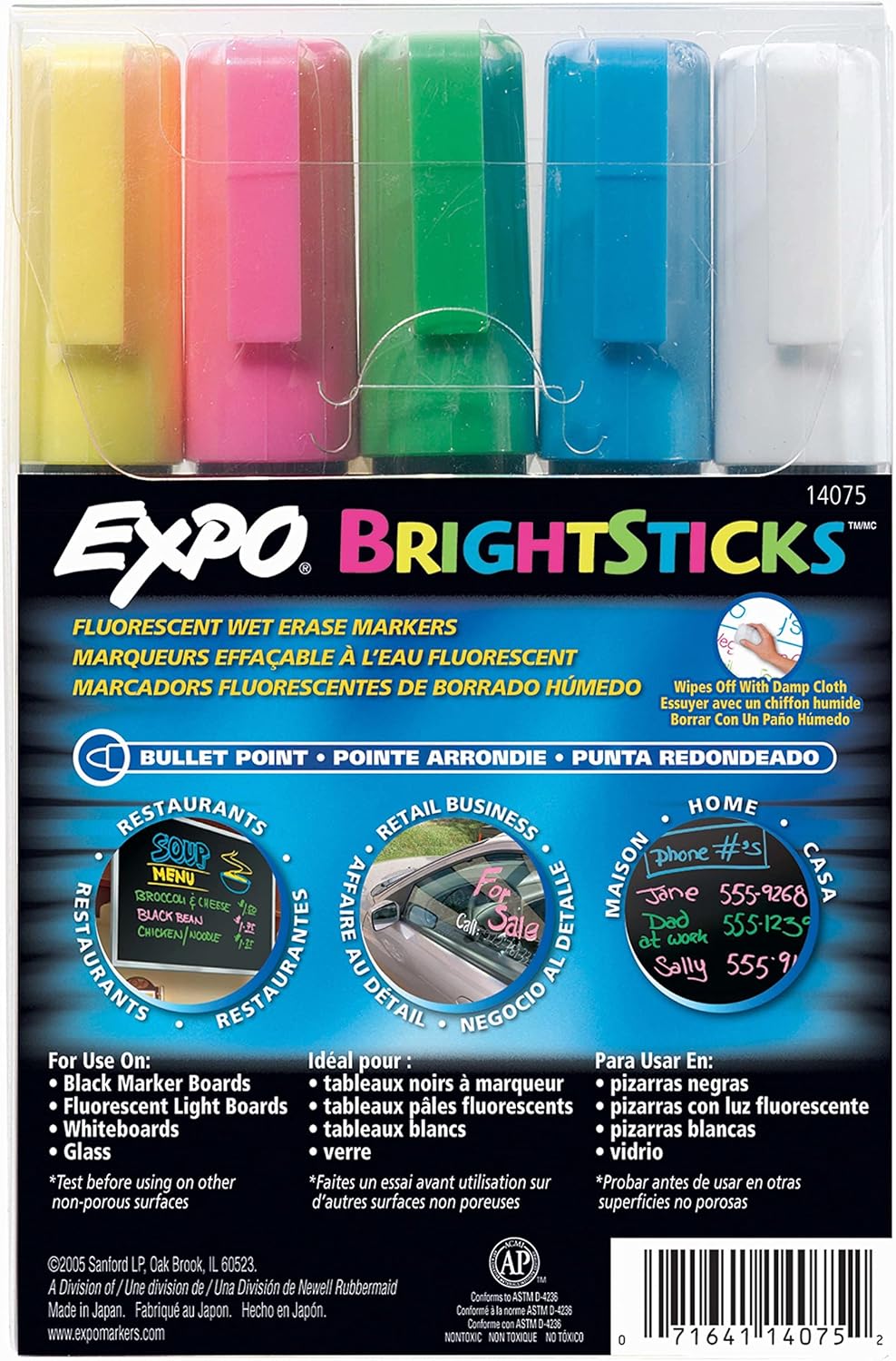 EXPO Bright Sticks, Wet Erase Fluorescent Markers, Bullet Tip, 5 Count - Whiteboard, Calendar, Organization, Teacher Supplies