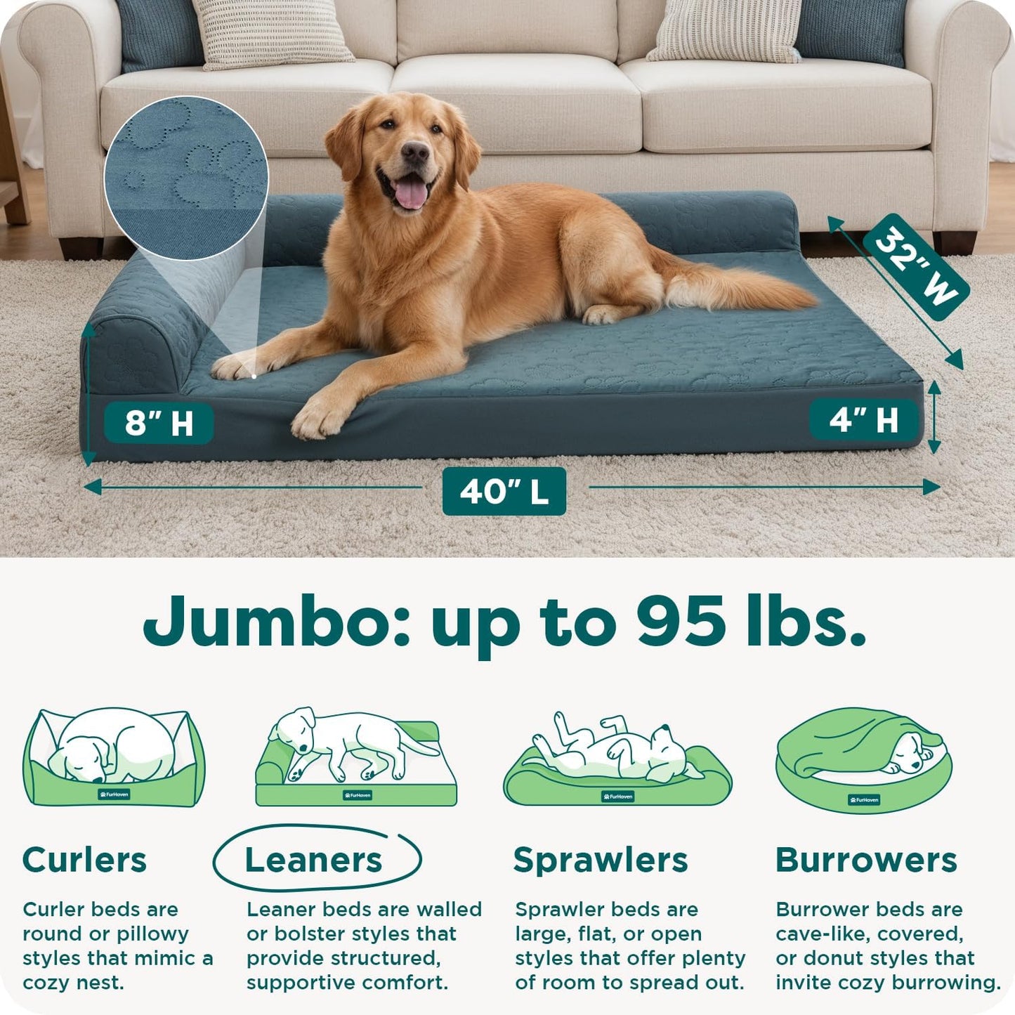 Furhaven 대형견용 정형외과 강아지 침대, 탈착식 볼스터 및 세탁 가능한 커버 포함, 최대 43.1kg(95파운드) 강아지용 - 핀소닉 퀼트 발바닥 L 자형 체이스 - 블루스톤, 점보/XL