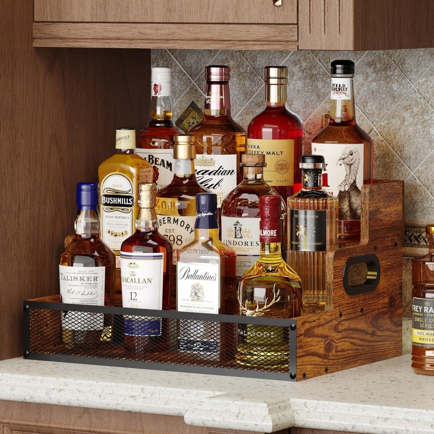 3-Tier Liquor Bottle Display Shelf, Countertop Liquor Wine Rack with Handle, Bar Bottle Display Shelves, Coffee Syrup Rack Organizer, Brown Liquor Display, Home Retro Bar Shelf Stand (Patent Pending)