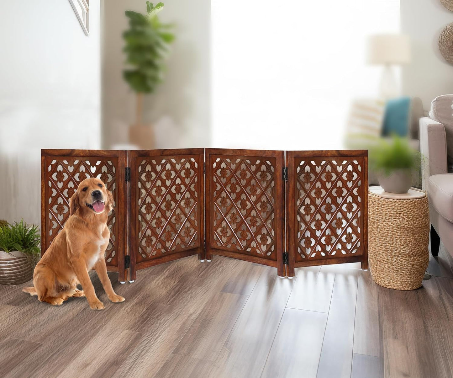 Wooden Foldable Pet Dog Safety Gate - 4 Panels Lattice 20 W x 24 H - Hand Carved Solid Wood & MDF - Free Standing Portable Indoor Doorway Hall Stairs Puppy Fence - Assembled - Antique Brown - IRONGATE