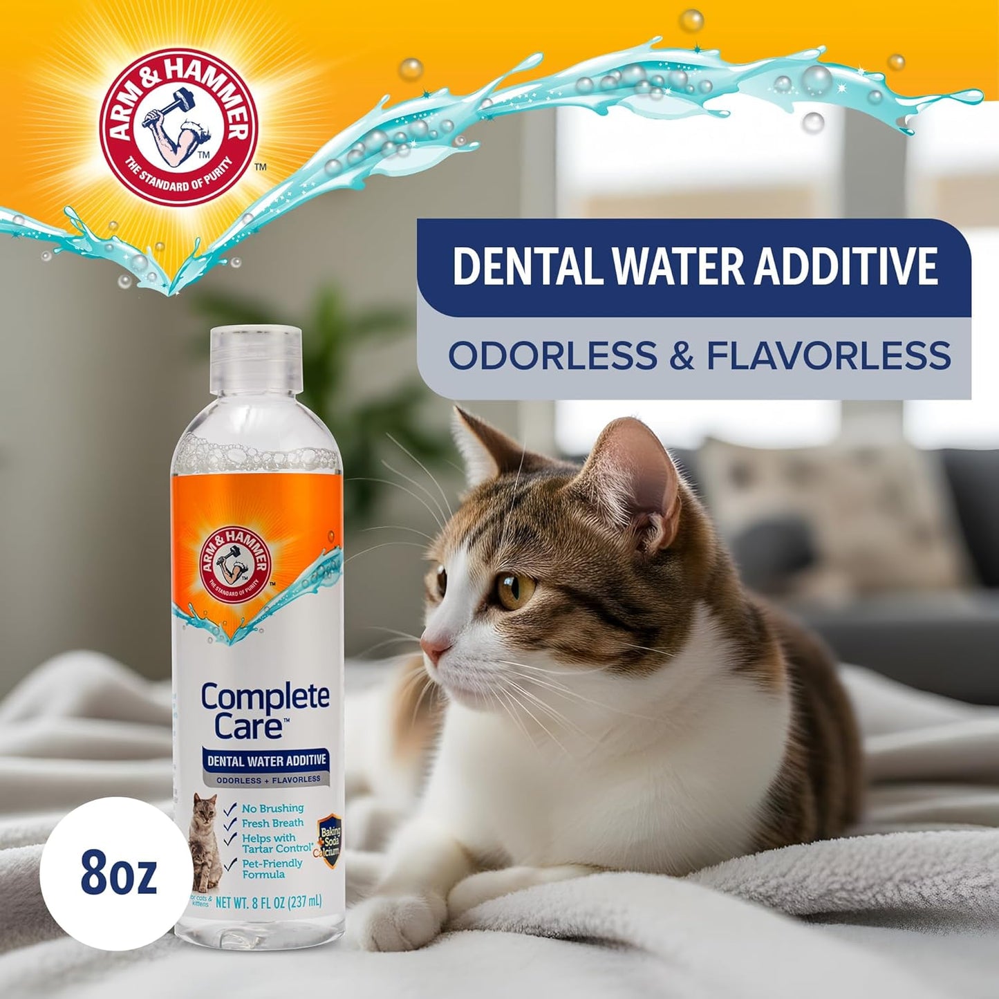 Arm & Hammer Complete Care Dental Water Additive for Cats, Cat Breath Freshener, Cat Mouth Wash or Dental Rinse, Simply Add to Pet Drinking Water for Fresher Breath, Value Size 8 FL OZ - 6 Pack
