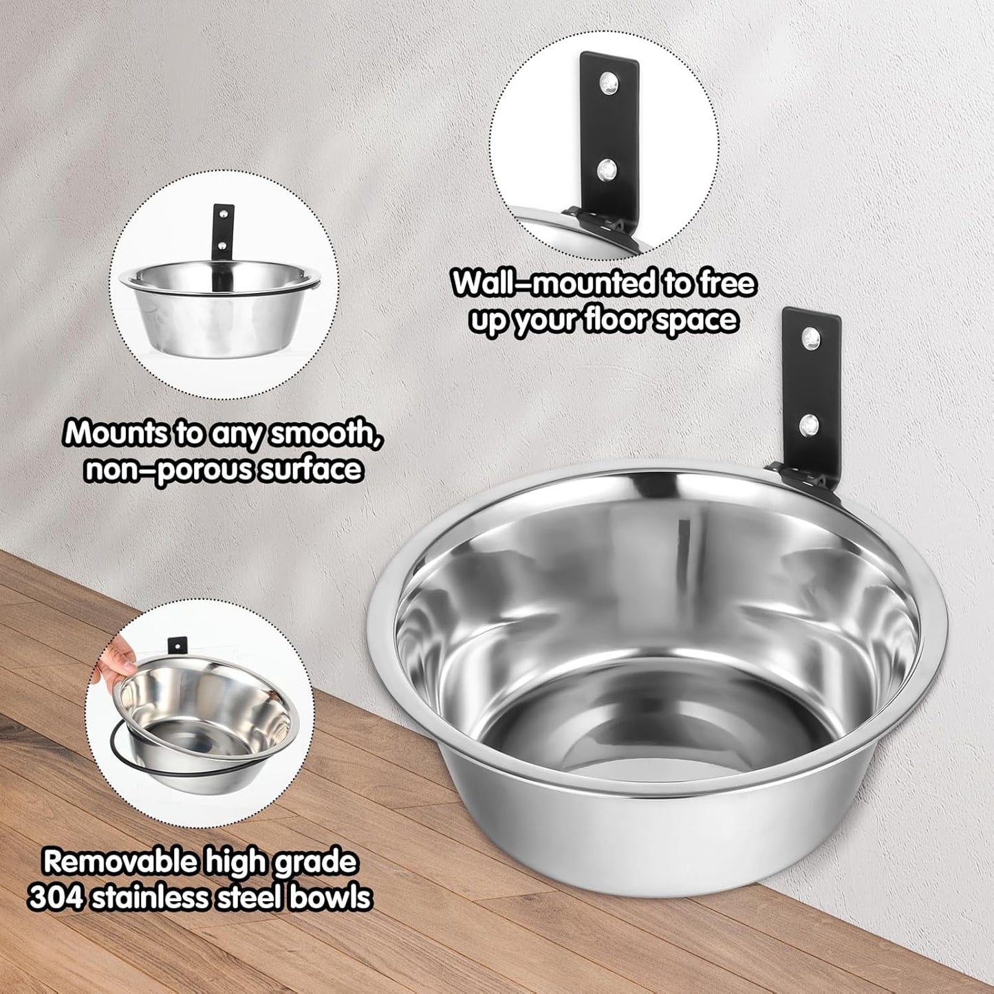 2 Pcs Wall Mounted Dog Bowl, Wall Mounted Pet Feeding Bowls, Elevated Pets Bowls, Adjustable Heights Hanging Stainless Steel Dog Food and Water Bowl with Collapsible Stand Holder