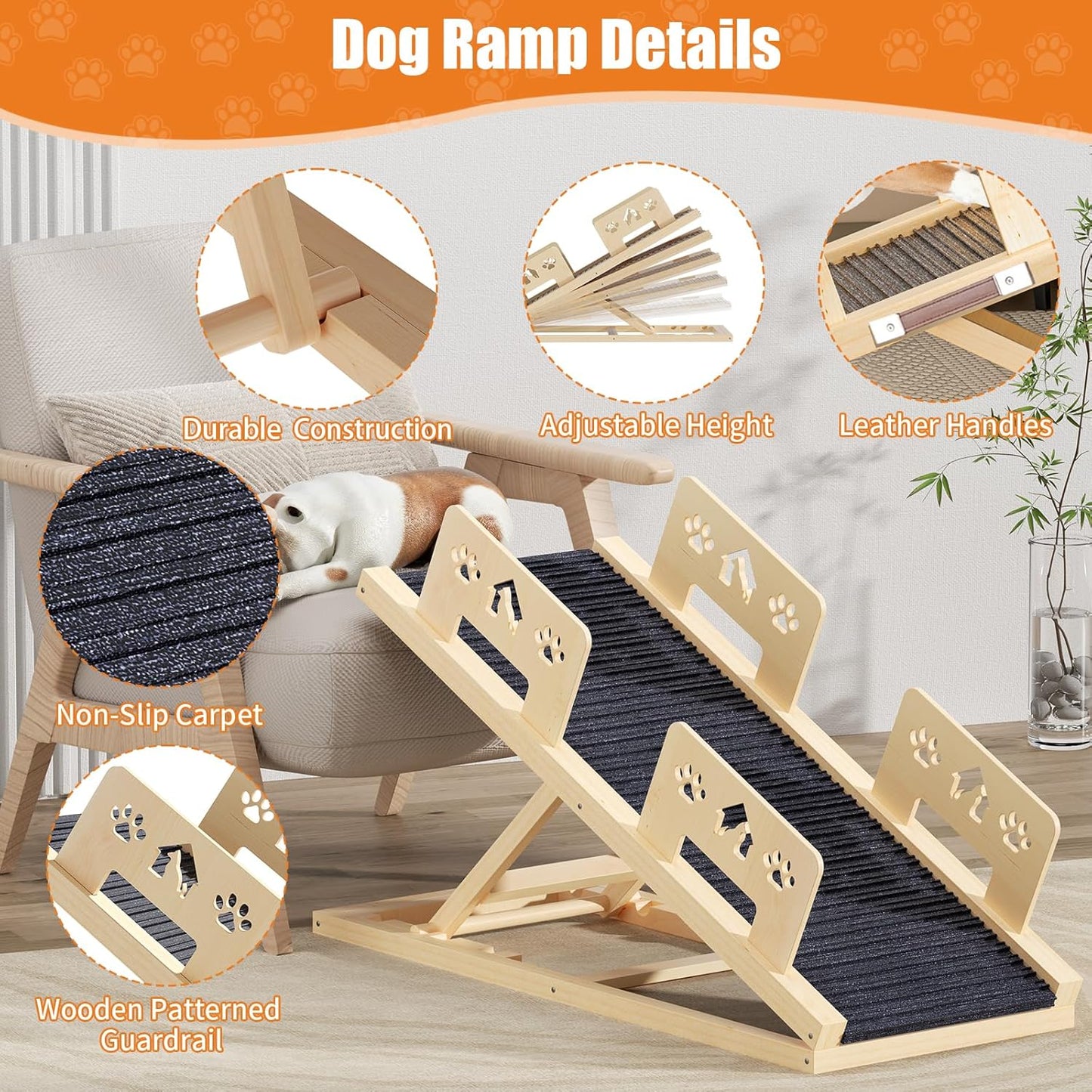 Dog Ramp for Bed 4 Adjustable from 13.8"-22.8" Portable Dog Steps Folding Ramp for Dogs to Get On Bed Wooden Paw Ramps with Anti-Slip Grip & Safety Rails Dog Stairs for High Beds Car Couch