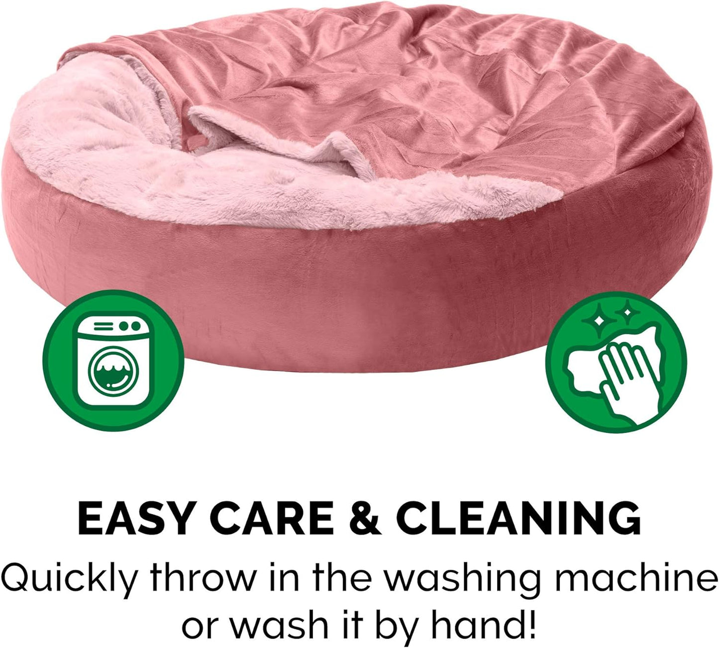 Furhaven 27" Round Calming Donut Dog Bed for Medium/Small Dogs, Washable, For Dogs Up to 45 lbs - Plush Velvet Waves Hooded Donut Bed - Rose Pink, Medium