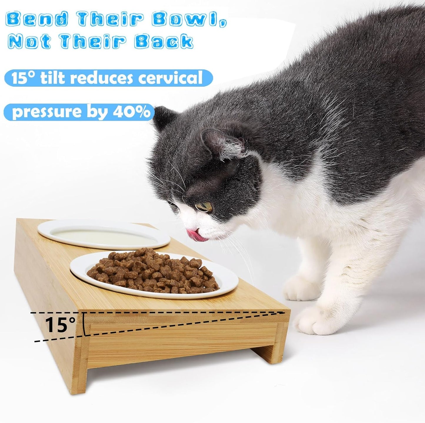 Premium Bamboo Raised Pet Feeder - 15 Degree Elevated Cat & Small Dog Bowls with 2 Ceramic Dishes, Non-Slip Base & 8 Silicone Pads, Eco-Friendly Ergonomic Food Stand for Kittens/Puppies