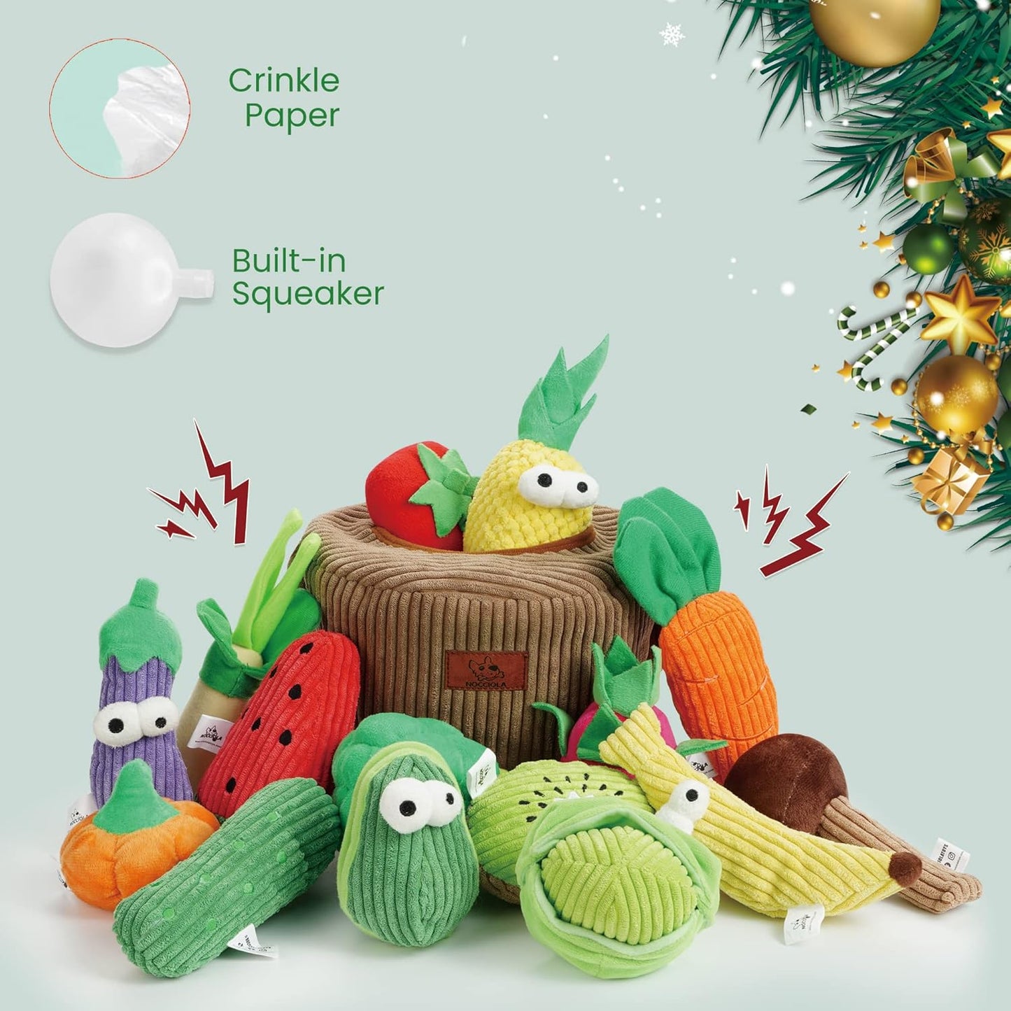 Nocciola Squeaky Fruits Veggies Stuffed Dog Toys Pack- Hide Seek Grocery Basket Crinkle Plush Puppy Toys to Keep Busy, Birthday Pet Supplies Gifts for Small Medium Breeds