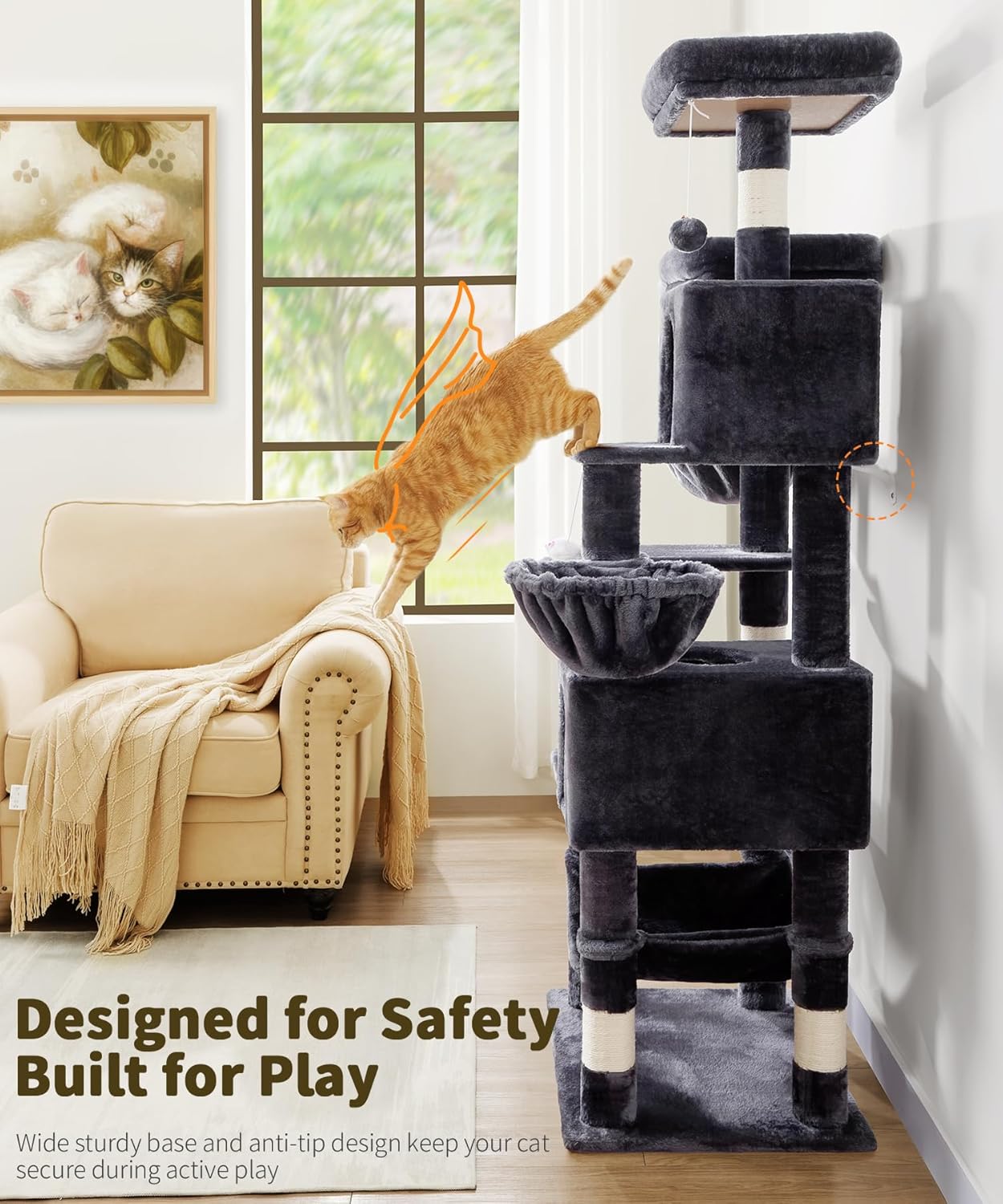 AMHANCIBLE Tall Cat Tree, 70 Inch Cat Tower for Indoor Cats, Multi-Level Cat Tree with Scratching Post, Hammock, Hanging Basket, Large Cat Condos for Adult Cats Kittens, Dark Grey, PT18DG
