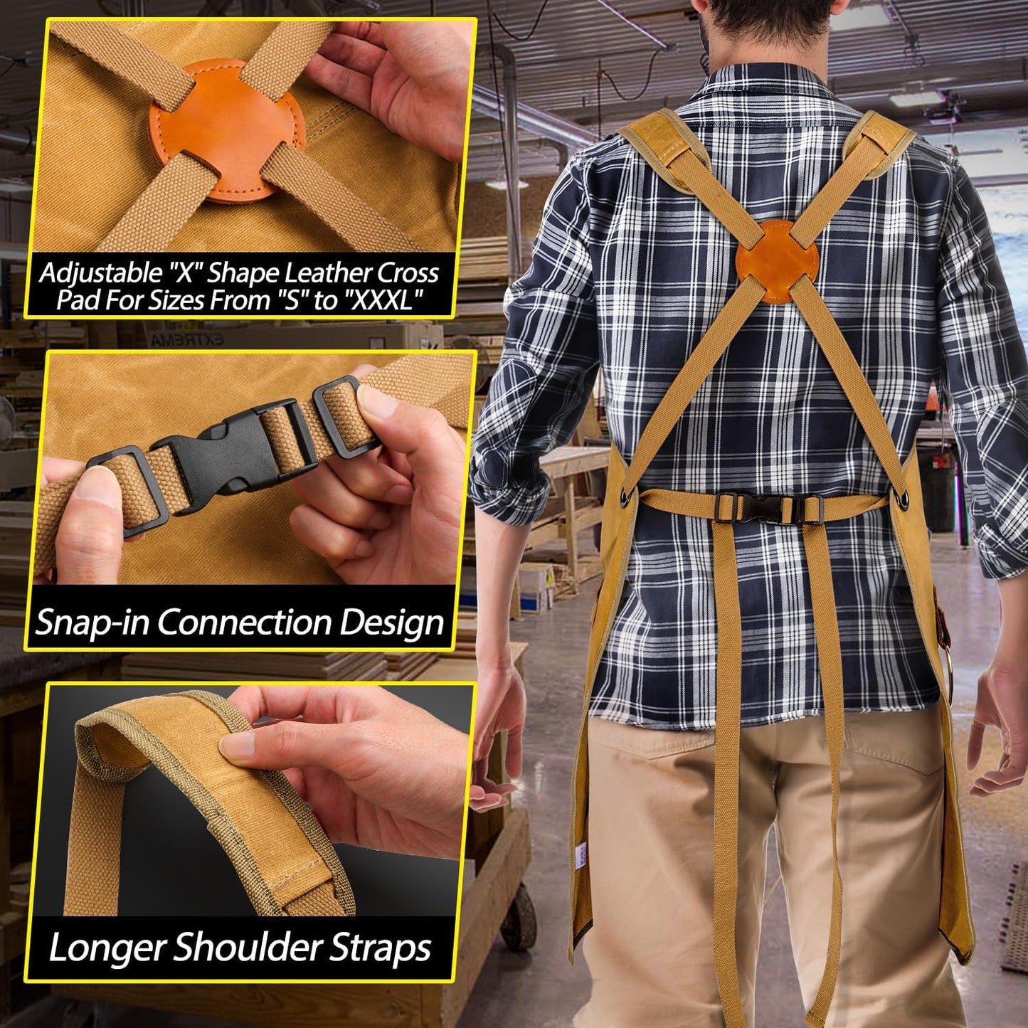 Woodworking Apron for Men, Shop Apron 20 oz Canvas Work Apron with 9 Tool Pockets, Heavy Duty Wood Working Workshop Bib Apron for Carpenter Woodworker Blacksmith, Men Gift, Adjustable to S- 3XL, Khaki