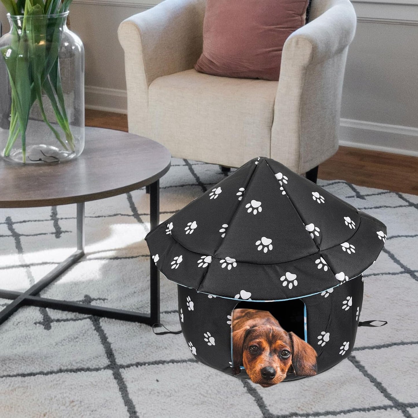 PRETYZOOM Weatherproof Oxford Fabric Cat House M Size with Removable Cushion and Detachable Cover, Outdoor Cold Days Pet Nest for Cats and Small Dogs