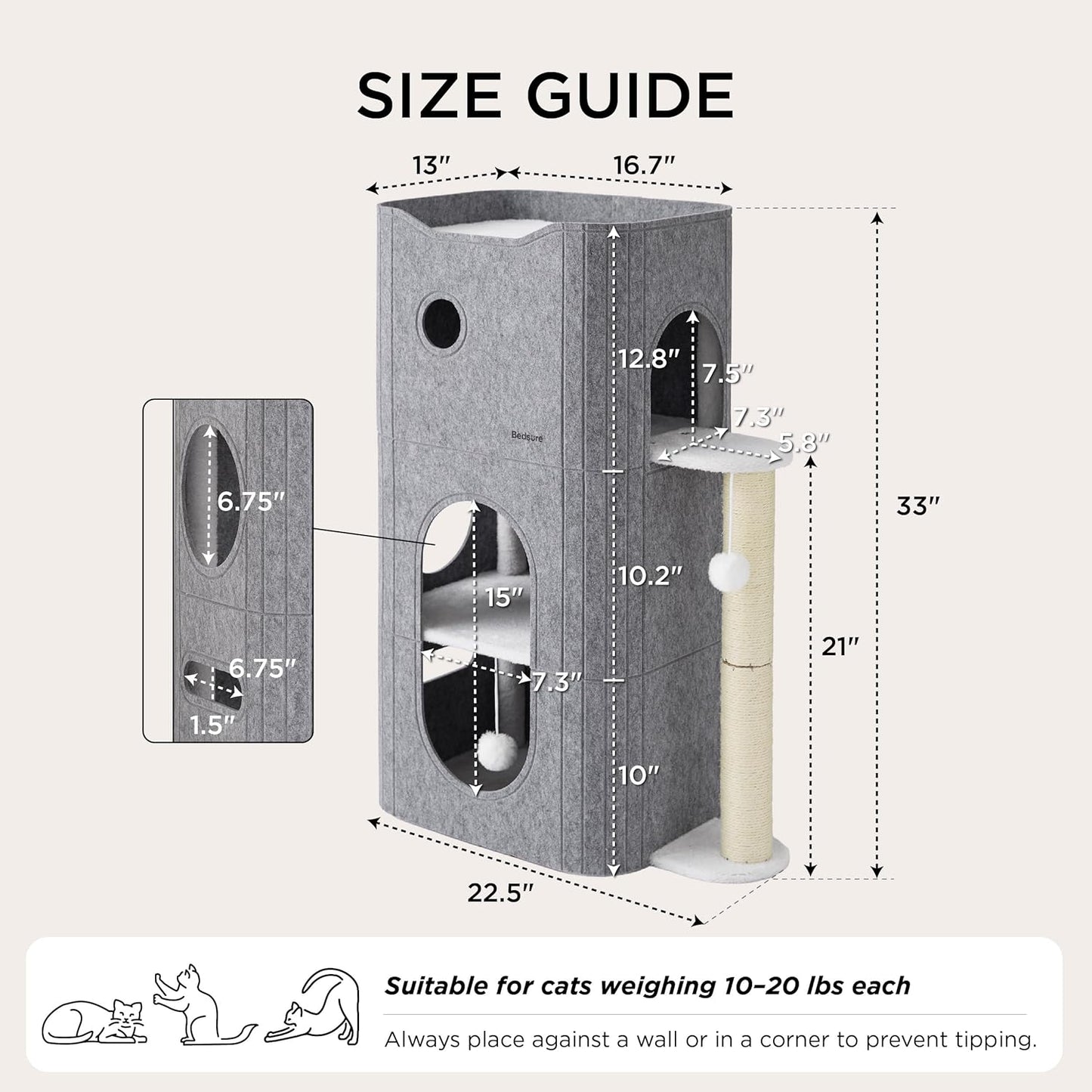 Bedsure 3-Level Indoor Cat Bed- Cat Condos Small Cat Tree for Multiple Kitties to Play Sleep,Hideaway Cave, Fluffy Ball, Scratching Post, 22.5x31.5x13, Grey