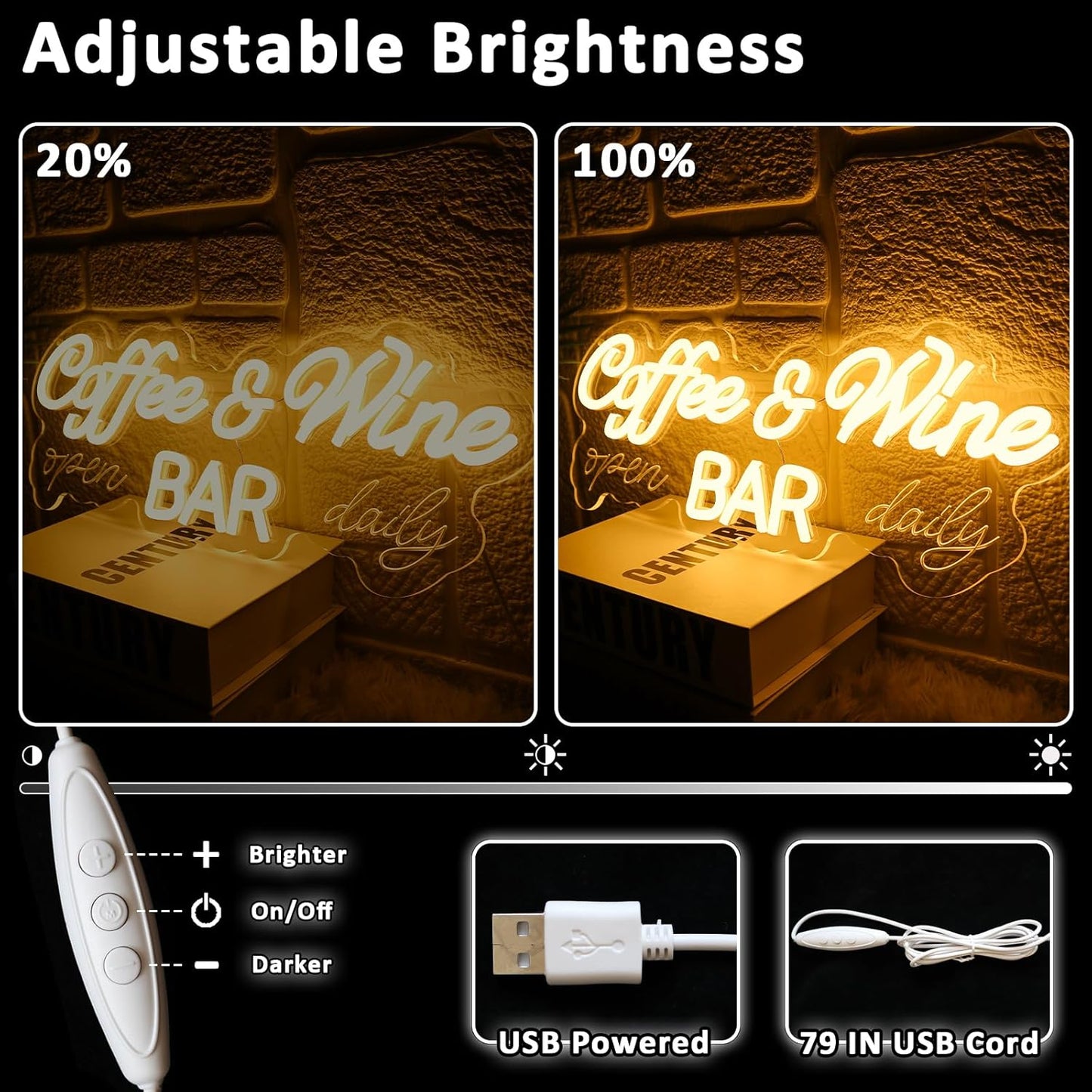 Coffee & Wine Neon Sign for Wall Decor Dimmable 16.54" x 6.54" Led Sign for Home Bar USB Powered Neon Light for Wine Cellar Cafe Farmhouse Kitchen Pub Dining Room Shop Party Decoration