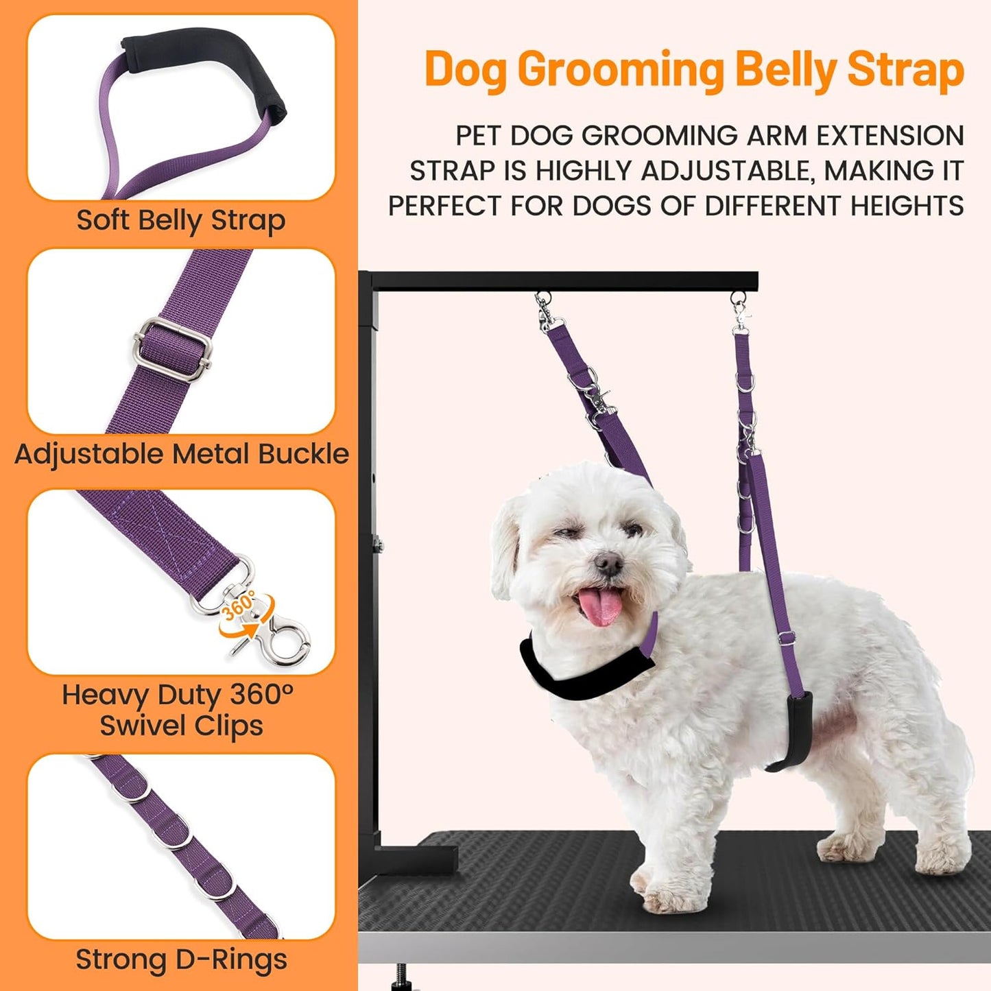 Dog Grooming Belly Strap - Dog Grooming Loops for Table Arm Extender with Clamp Extension Loop Bathing Restraint Leash No Sit Haunch Holder for Small & Medium Dogs Hair Cutting Washing (Purple)