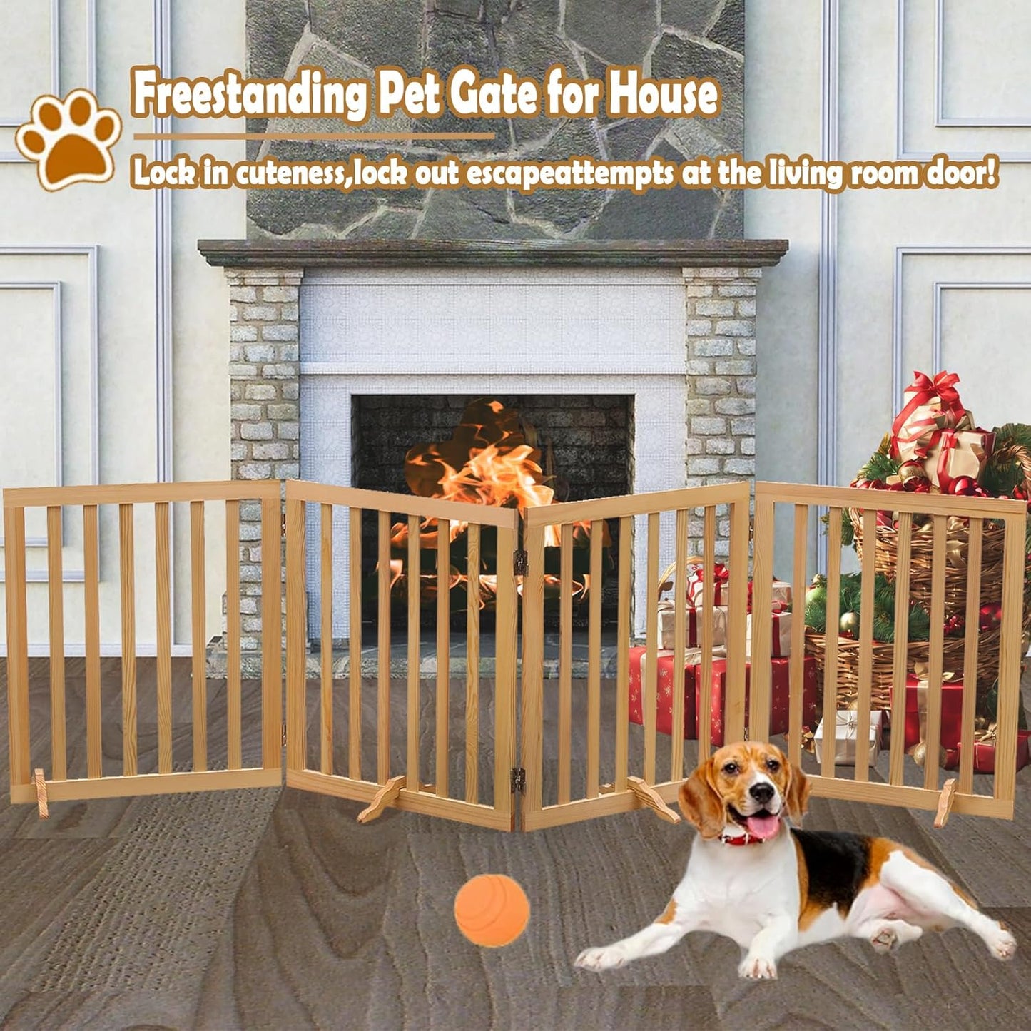 Wooden Foldable Dog Gate Pet Dog Fence for House Stairs Hallways Doorways, Freestanding 4 Panels Puppy Safety Gate 80.9 Inch Wide 23.6 Inch Height Indoor Brown