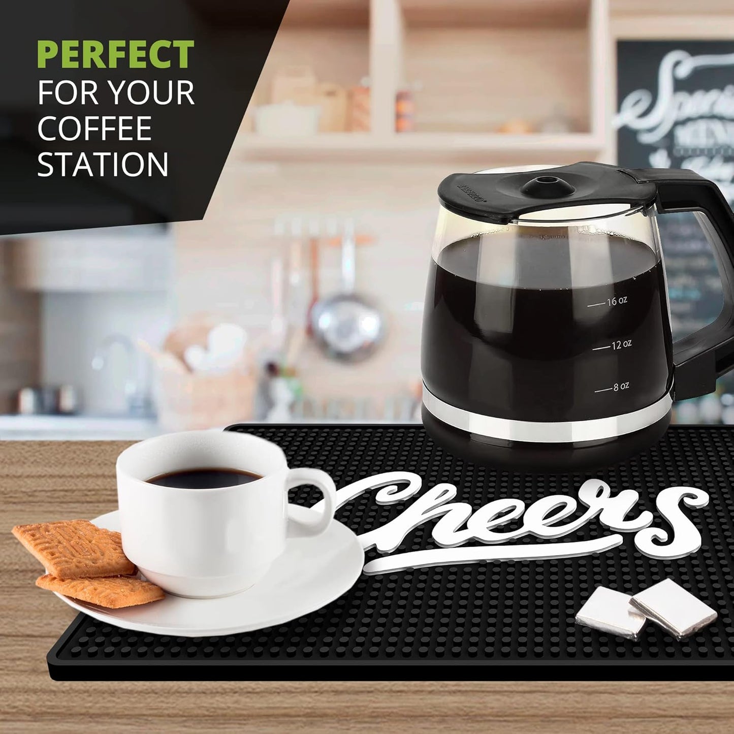 Cheers Bar Mat – Heavy Duty 18"x12" Rubber Bar Mats for Countertop, Non-Slip Bartender & Spill Mat for Home Bar, Cocktail Service & Bar Cart