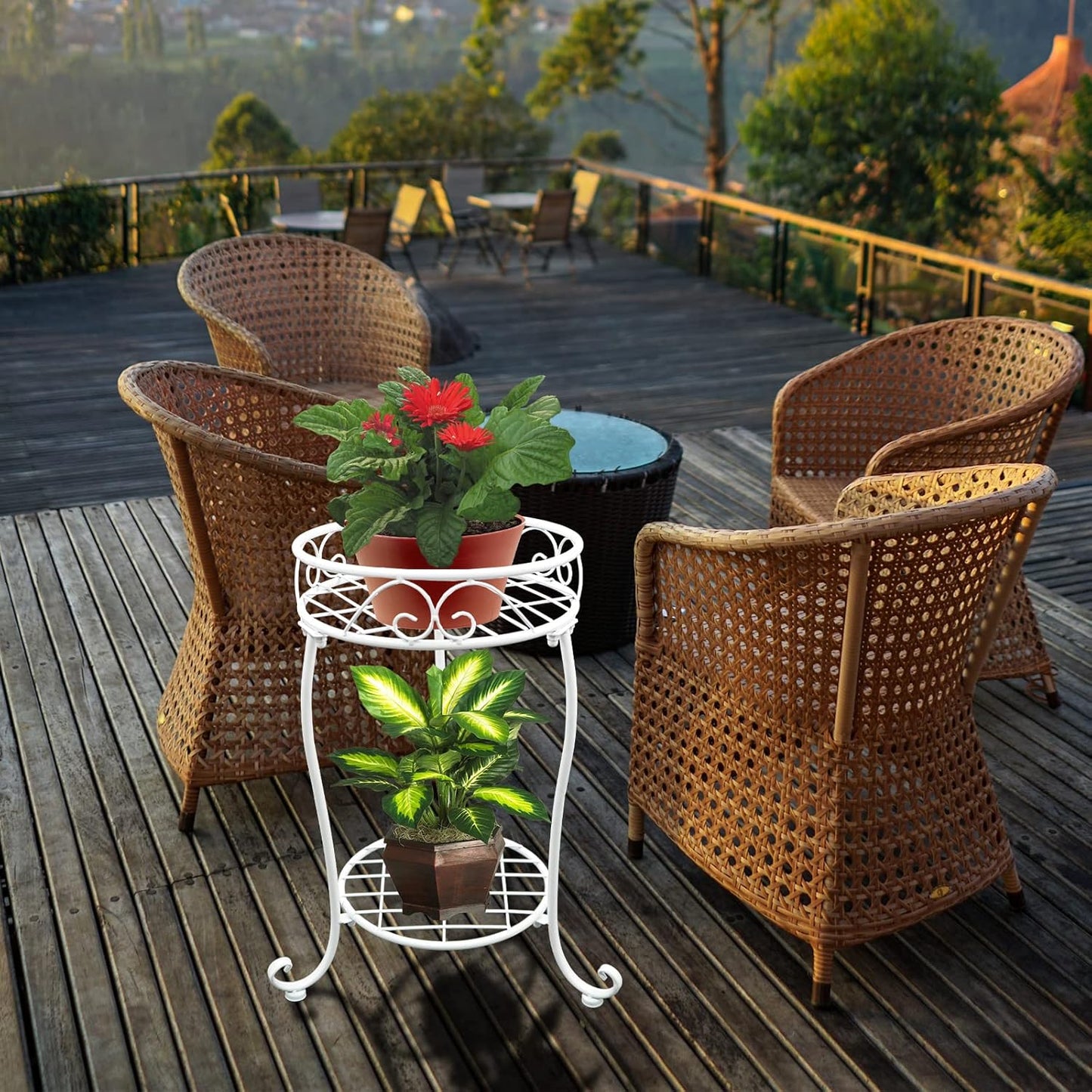 White Metal Plant Stand, 18.5 inch Tall 2 Tier Potted Holder Rack, Heavy Duty Flower Pot Shelf for Indoor Outdoor Patio Balcony Corner Garden