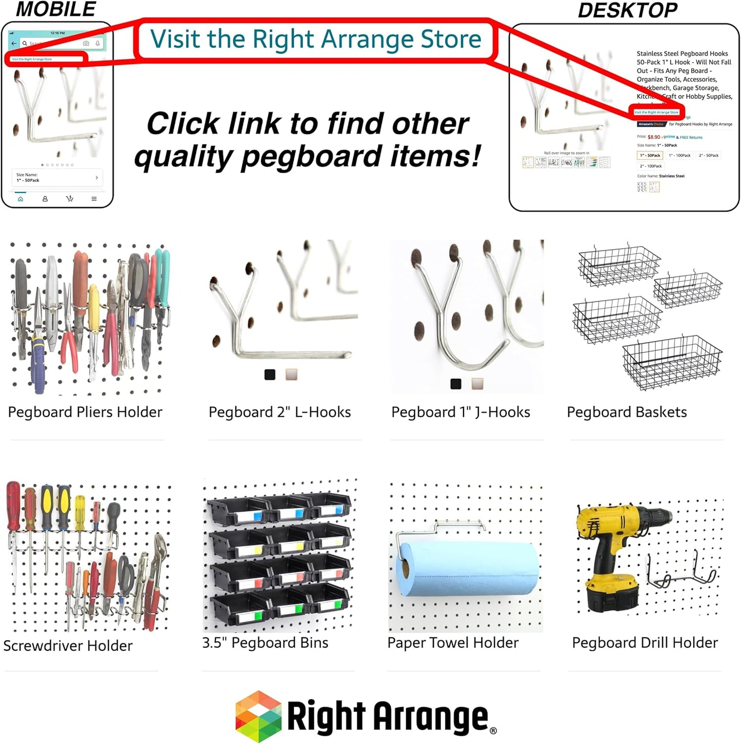Pegboard Baskets, Set of 4 Black - Hooks to Any Peg Board - Pegboard Accessories, Square Style Wire Shelf Baskets - Organize Tools, Workbench, Garage Storage - Wall Organizer Attachments