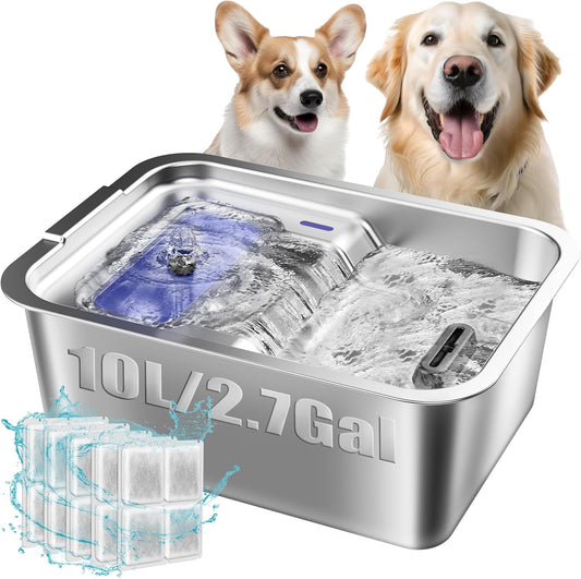 Stainless Steel Dog Fountain, 7L/10L Large Capacity Automatic Water Dispenser with 5 Filters, LED Indicator, Silent Pump for Medium to Large Cats Dogs and Multi-Pet Home (10L Fountian)