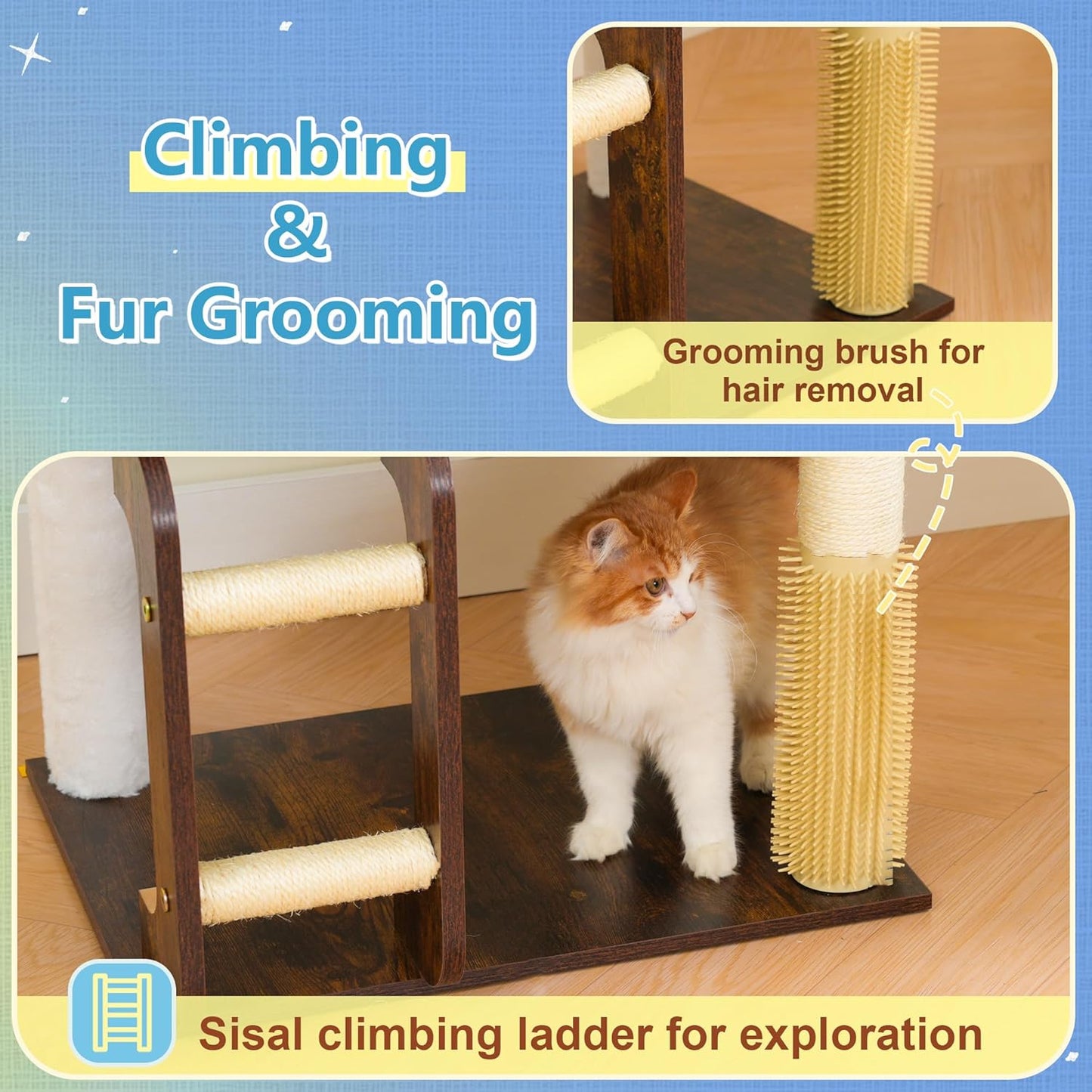 Hey-brother Wooden Cat Tree, 69.7 inch Cats Furniture Tower with Large Platforms, Hammocks, Spacious Condo, Full Sisal Scratching Posts, Ladder, Brush, Water Proof Surface, Rustic Brown MPJ121SR