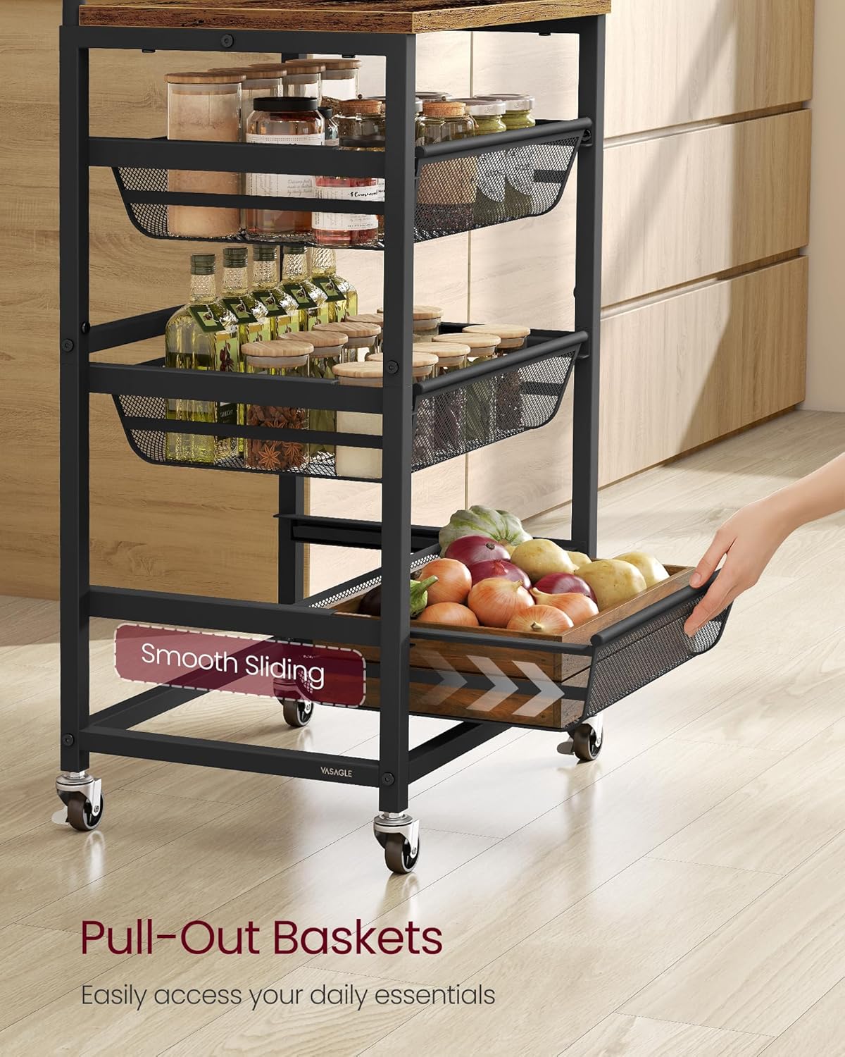 VASAGLE Storage Rolling Cart with Pull-Out Baskets, 4-Tier Utility Cart Orgnizer with Wheels for Laundry Room, Kitchen, Handle, 12.5 x 15.8 x 29.9 Inches, Rustic Brown and Ink Black ULRC040K01