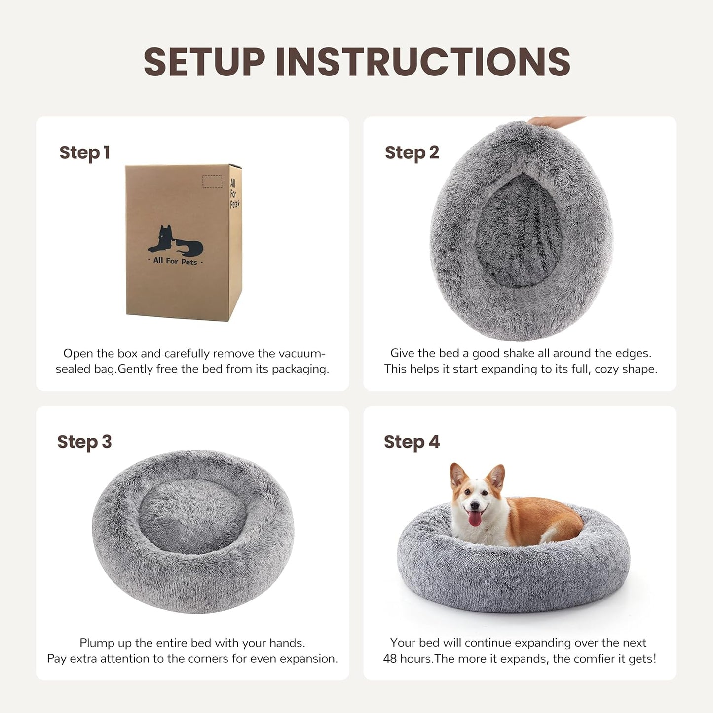 Donut Dog Bed Medium Size Dog 30 Inch, Round Cat Beds for Small Medium Dogs and Cats with Comfort Fluffy Faux Fur, Washable Cute Pet Bed with Anti-Slip Bottom, Grey