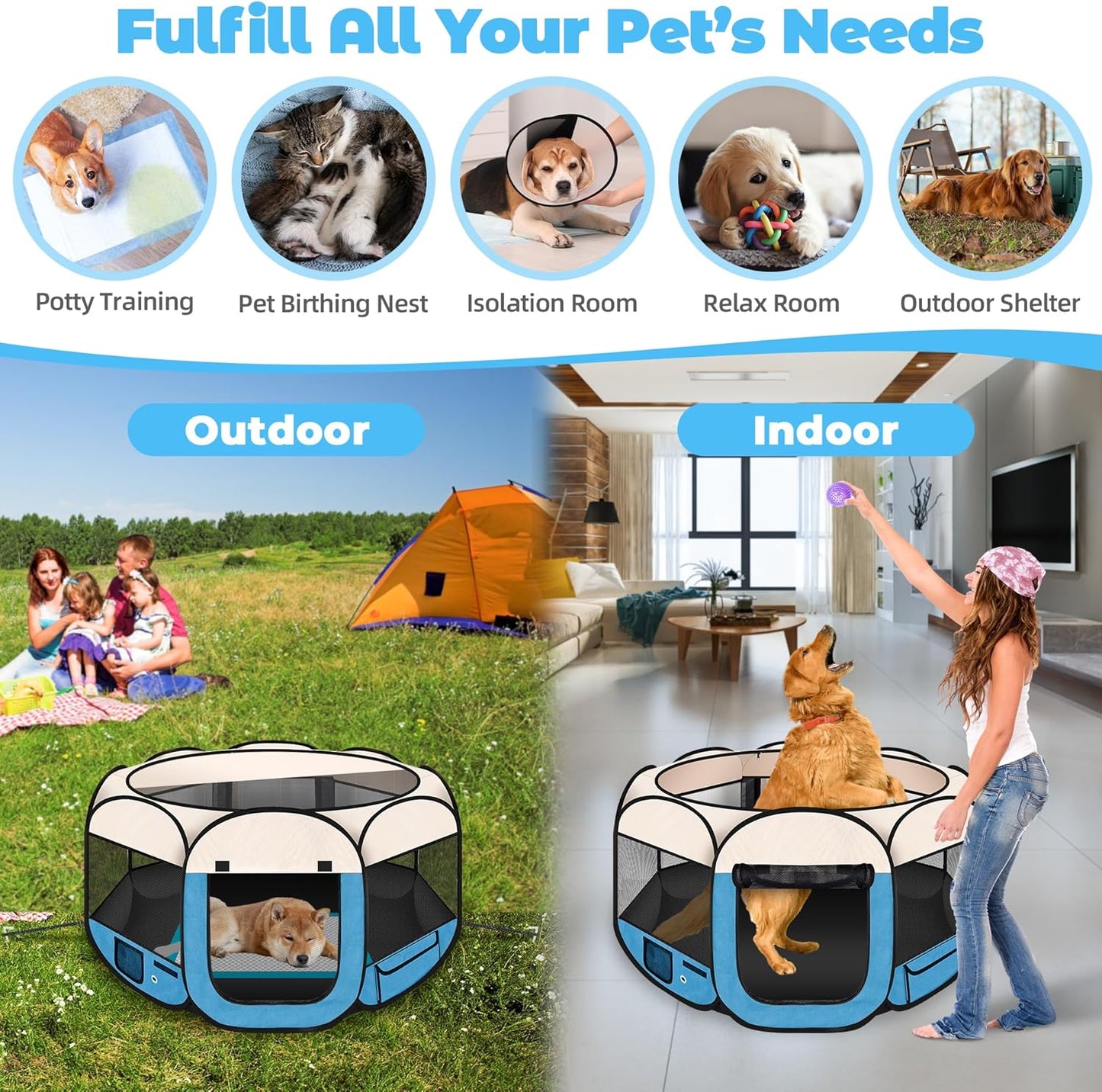 Dog Playpen 45", HOMAGICO Pet Playpen for Indoor Cats Enclosed, Portable Dog Cage Outdoor Tent Crate with Carrying Case, Water-Resistant and Removable Shade Cover, Blue