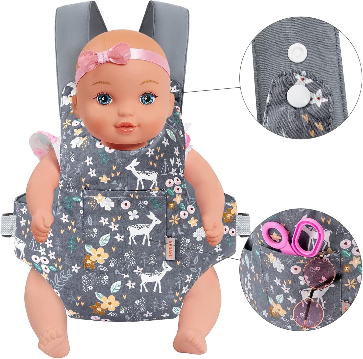 GAGAKU Toy Baby Carrier for Dolls Doll Accessory Stuffed Animal Carrier for Kids with Adjustable Straps - Gray - Deer