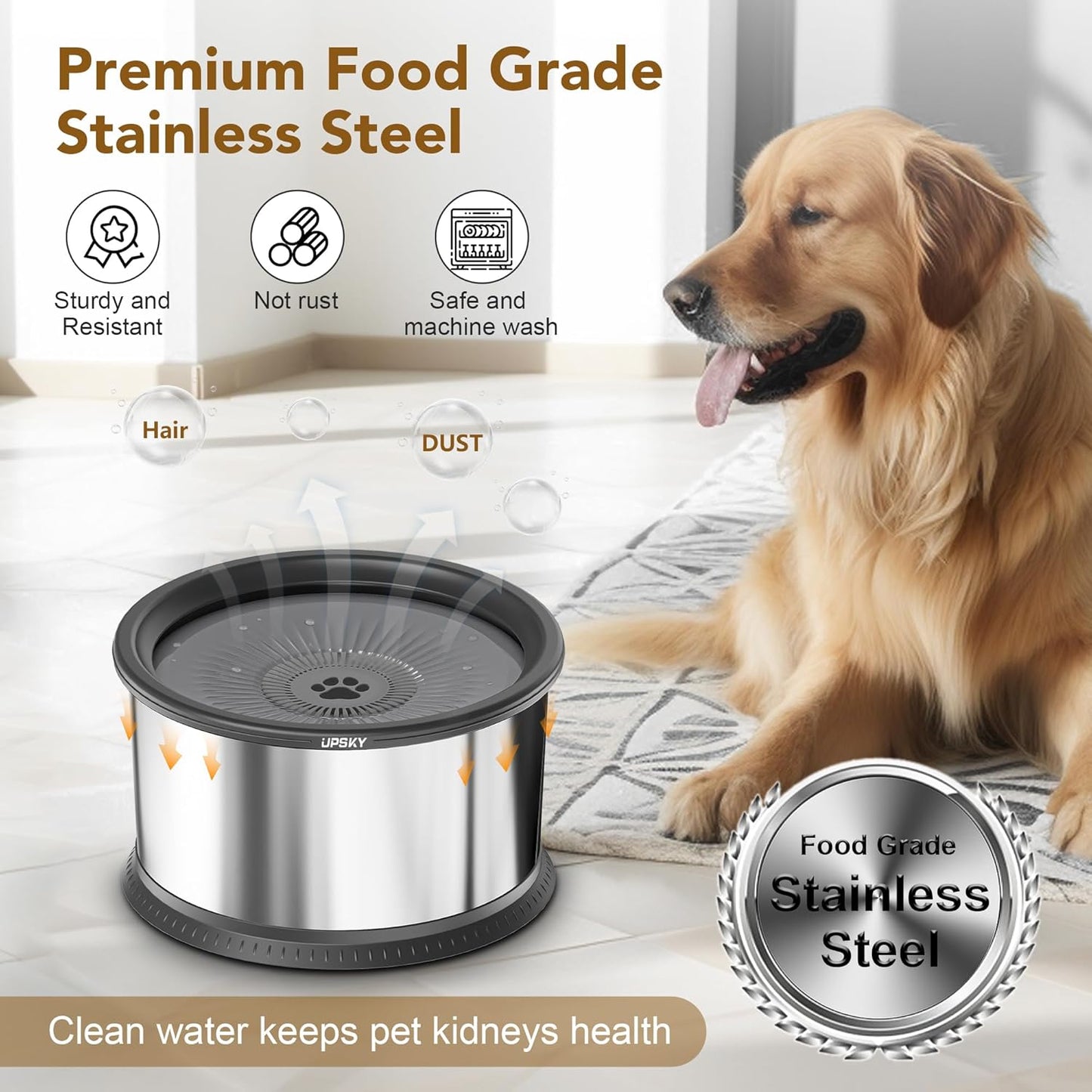 UPSKY 4.5L Dog Water Bowl,Large Capacity No Spill Dog Water Bowl,Stainless Steel Spill Proof Slow Water Feeder,No Splash Water Bowl with Anti-Slip Mat for Messy Drinkers Grey, B.4.5L
