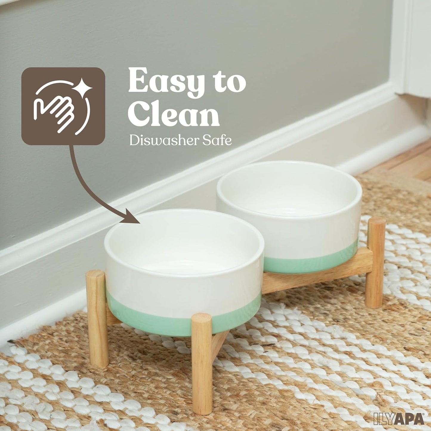 Ilyapa Ceramic Dog Bowls - Elevated for Medium Sized Pet with Raised Food and Water Set - Green Double 6 inch, 28 Oz Bowls & 13x6.3x5.5 Wooden Stand