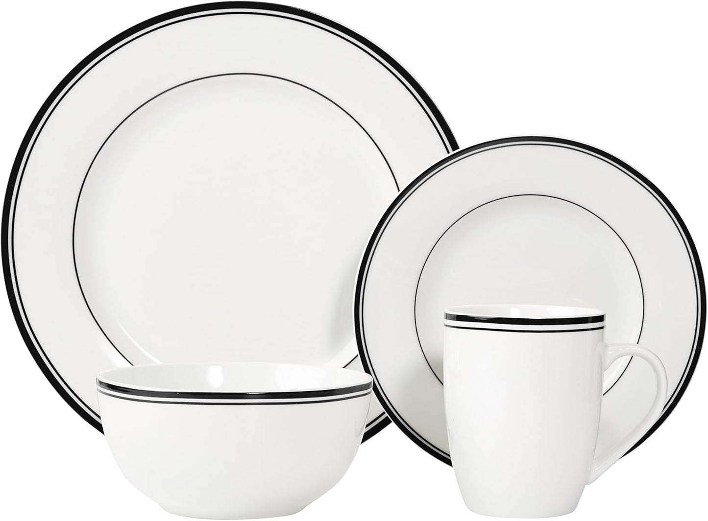 Amazon Basics 16-Piece Cafe Stripe Dinnerware Set, Microwave and Dishwasher Safe, Plates, Bowls, Mugs, Service for 4, Black