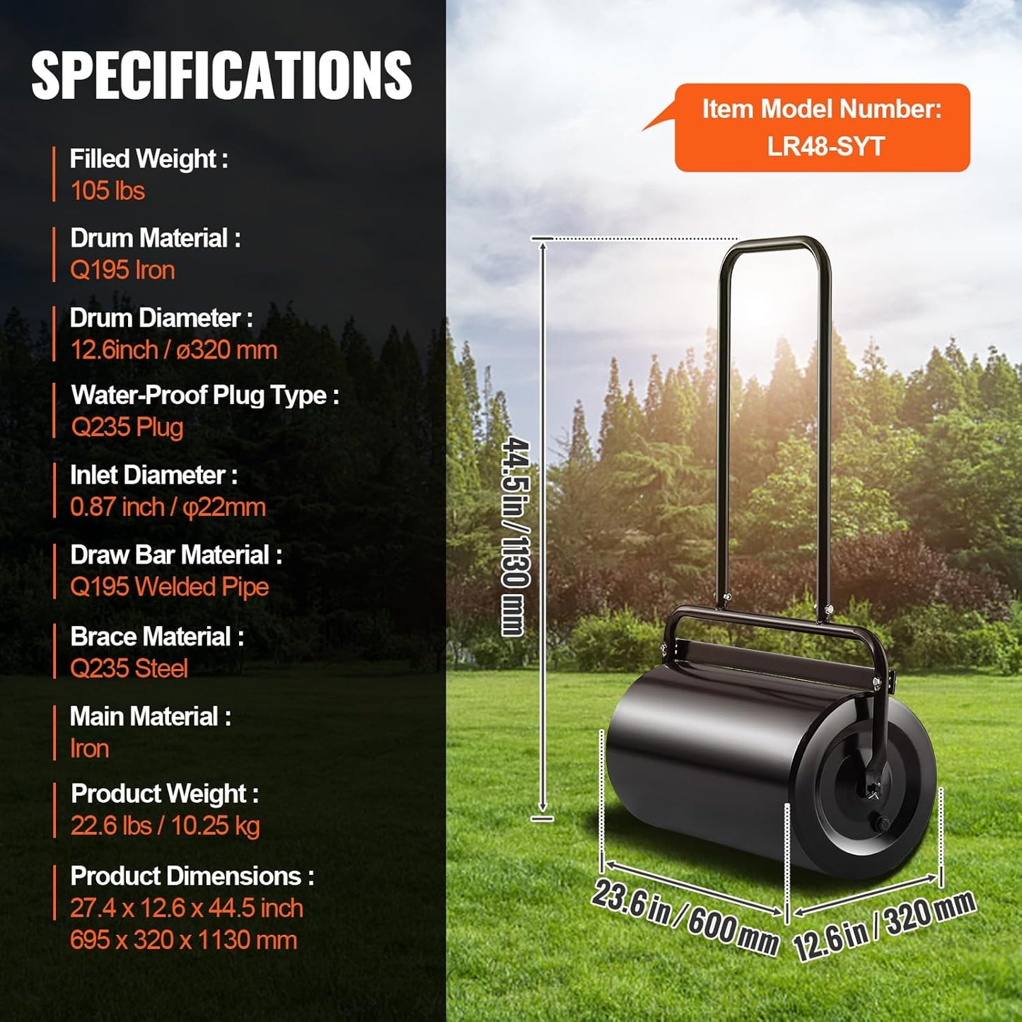 VEVOR Lawn Roller 13 Gallon Large Capacity Sand/Water Filled, Heavy Duty Steel Material, with Easy-Turn Plug and U-Shaped Ergonomic Handle for Convenient Push and Pull, for Garden, Farm, Park, Black