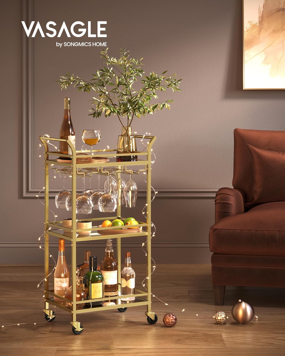 VASAGLE Bar Cart, Home Bar Serving Cart, Small Bar Serving Cart with 3-Tier Shelf, Wine Holders, Glass Holders, Mini Bar Cart for Small Spaces, Kitchen, Dining Room, Living Room, Pale Gold
