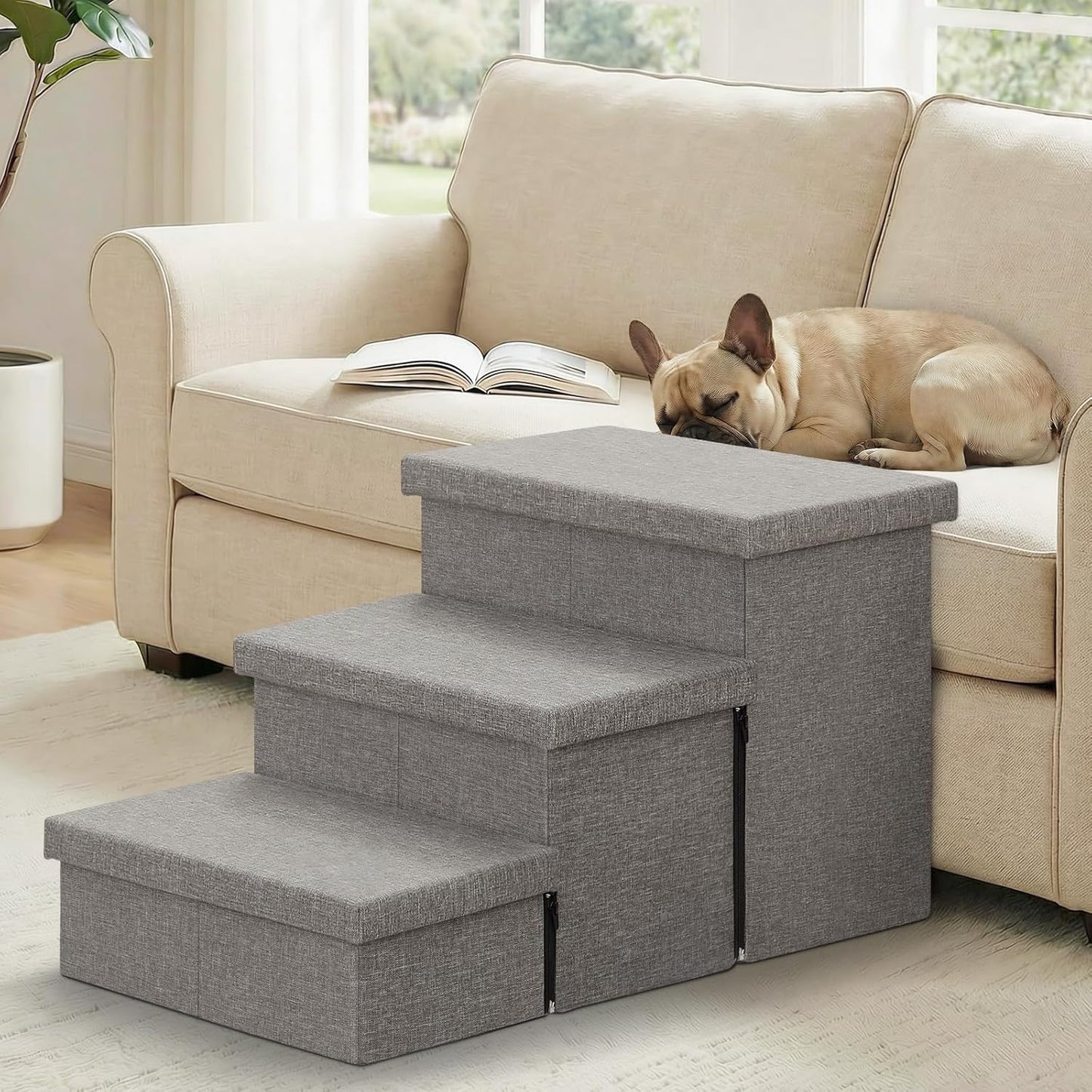 Dog Stairs 18" H, 3-Step Wider Dog Steps for High Beds Couch, Folding Storage Pet Stairs Gift for Small/Medium/Large Old Dogs Cats, Ramp for Climbing Car Up to 200 lbs, (Gray, with Condo)
