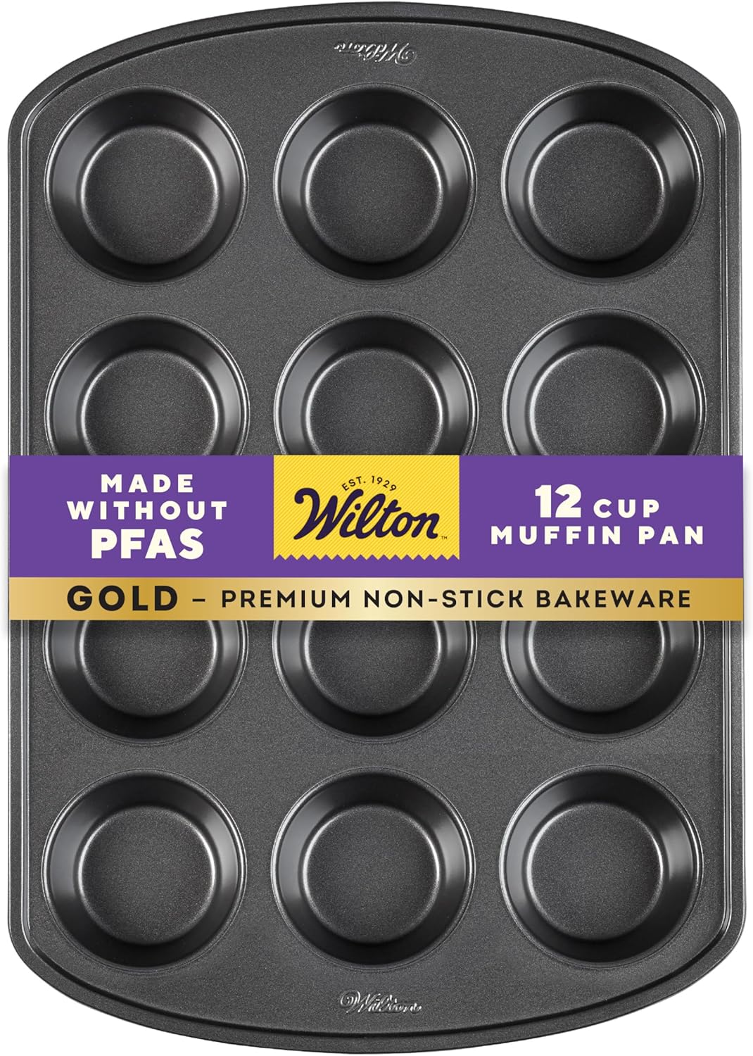 Wilton Gold Non-Stick 12 -Cup Muffin Pan, Cold-Rolled Steel Bakeware, Made without PFAS, 10.5 x 15 x 1.4 in, Packaging May Vary