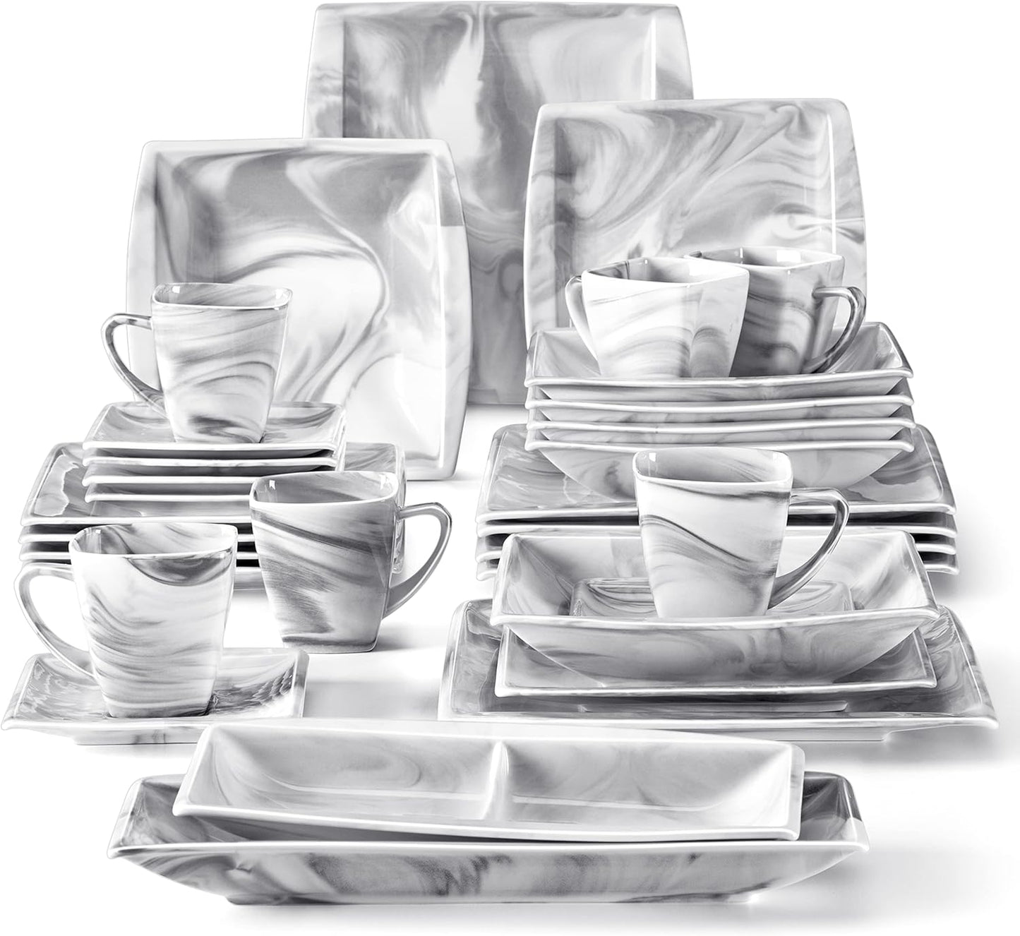 MALACASA Dinnerware Sets, 32 Pieces Porcelain Plates and Bowls Sets for 6, Marble Grey Dishes with Plates and Bowls, Cups and Saucers, Side Dish Plates, Square Dinner Set, Series Blance