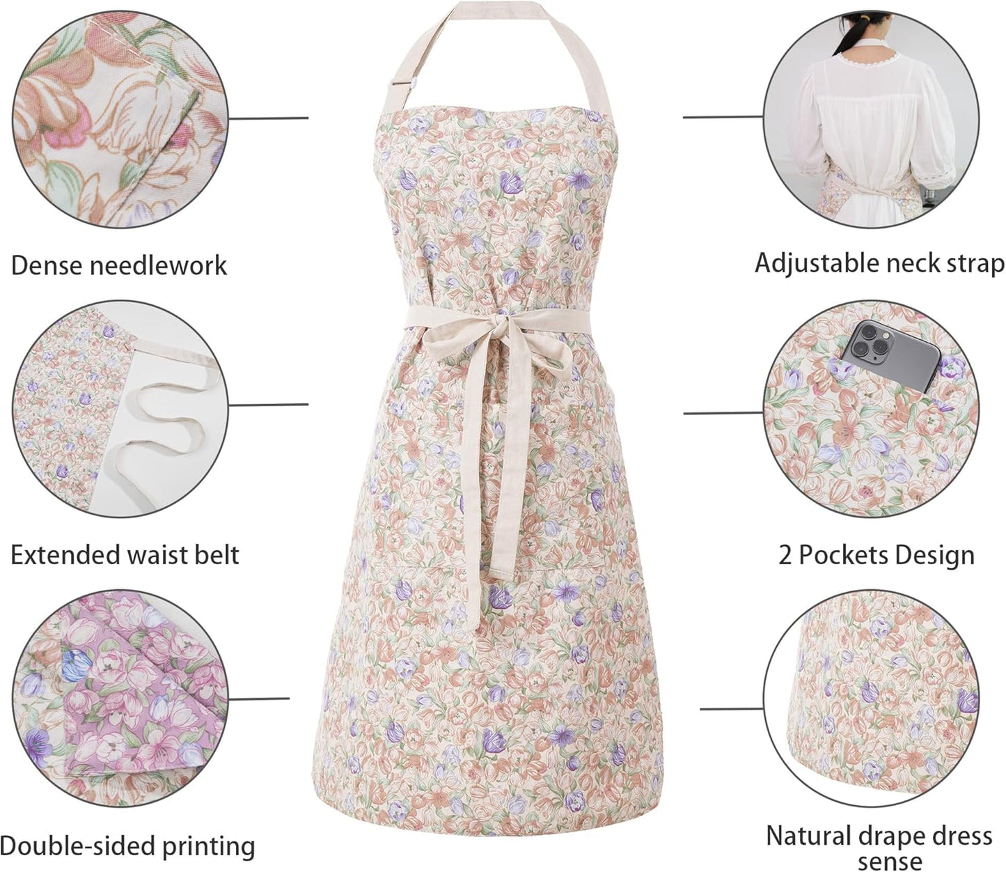 Kitchen Aprons for Women with 2 Pockets,Double Sided Vintage Adjustable Apron for Gardening Cooking Arting Painting