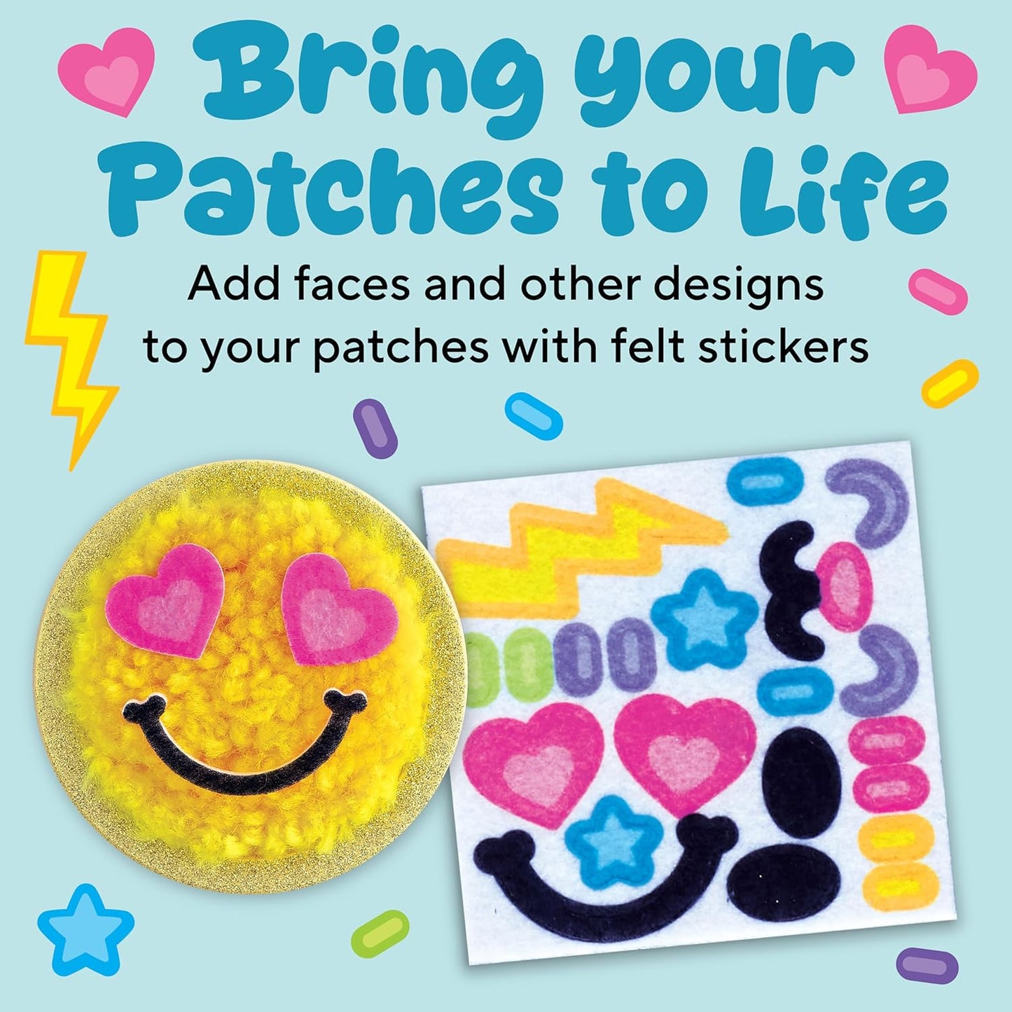 Creativity for Kids Make Your Own Latch N' Patch Fuzzy Stickers Kit | Assemble, Trim & Decorate 5 DIY Yarn Patches | Mess-Free Latch Hook Craft | Sleepover & Screen-Free Kids Activity (Ages 7+)